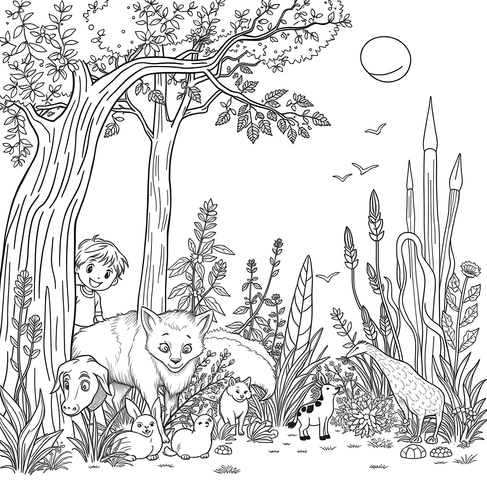 Child playing with animals in a lush forest Coloring Page (free black-and-white line drawing printable PDF for all, from beginners to advanced learners, including children, teens, adults, and seniors)