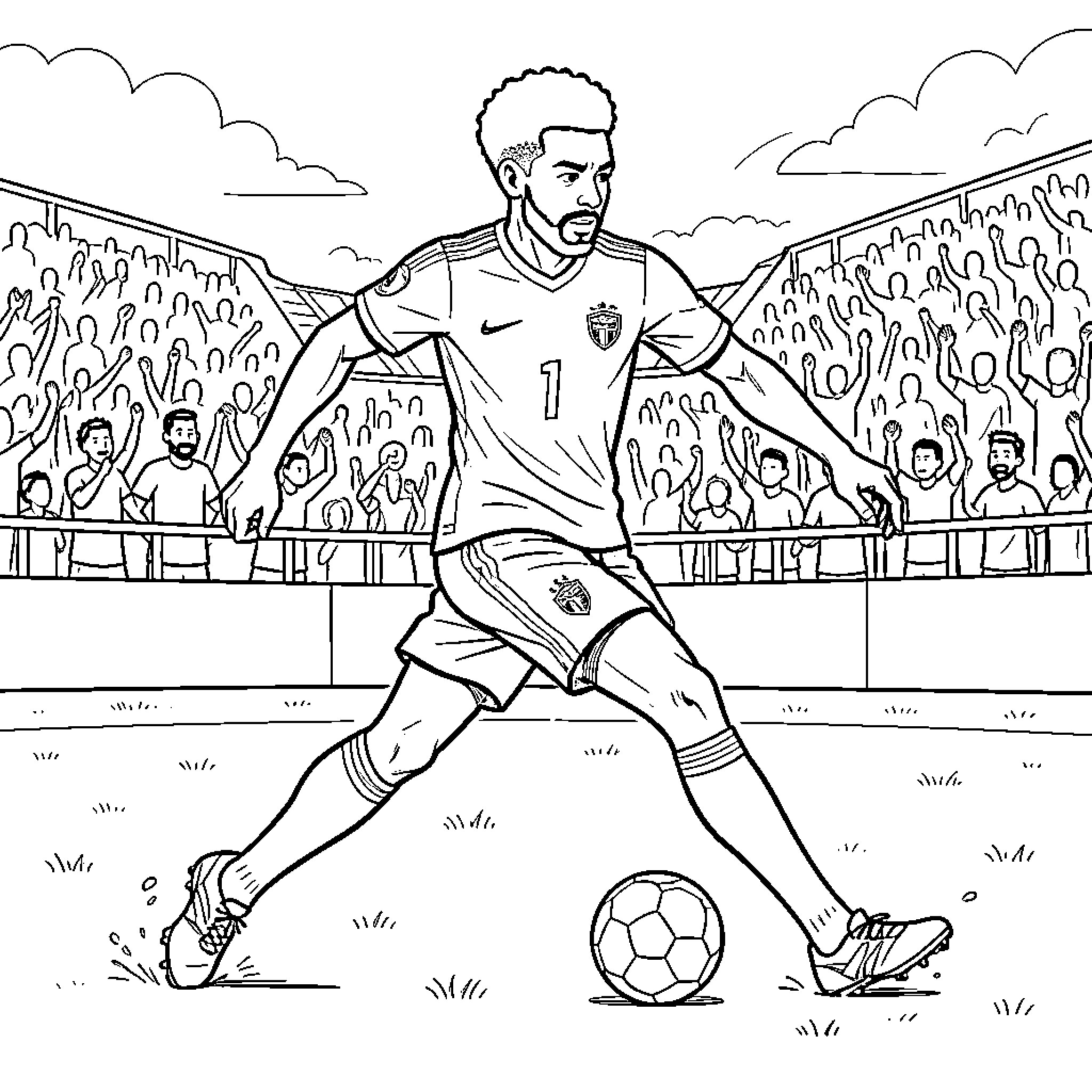 Ibrahim Mbaye dribbling a soccer ball in a stadium Coloring Page (free black-and-white line drawing printable PDF for all, from beginners to advanced learners, including children, teens, adults, and seniors)