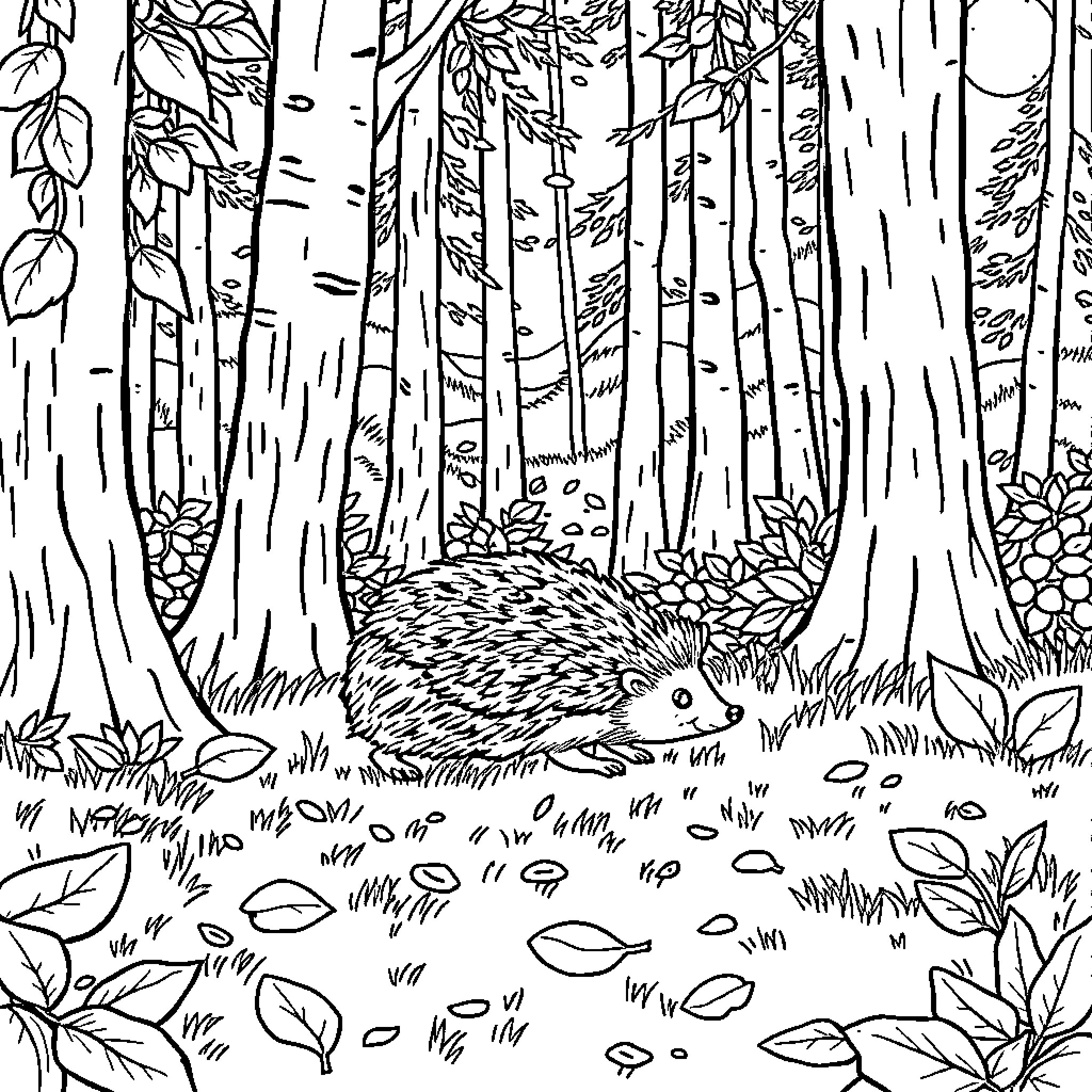 Hedgehog foraging in the enchanted forest Coloring Page (free black-and-white line drawing printable PDF for all, from beginners to advanced learners, including children, teens, adults, and seniors)