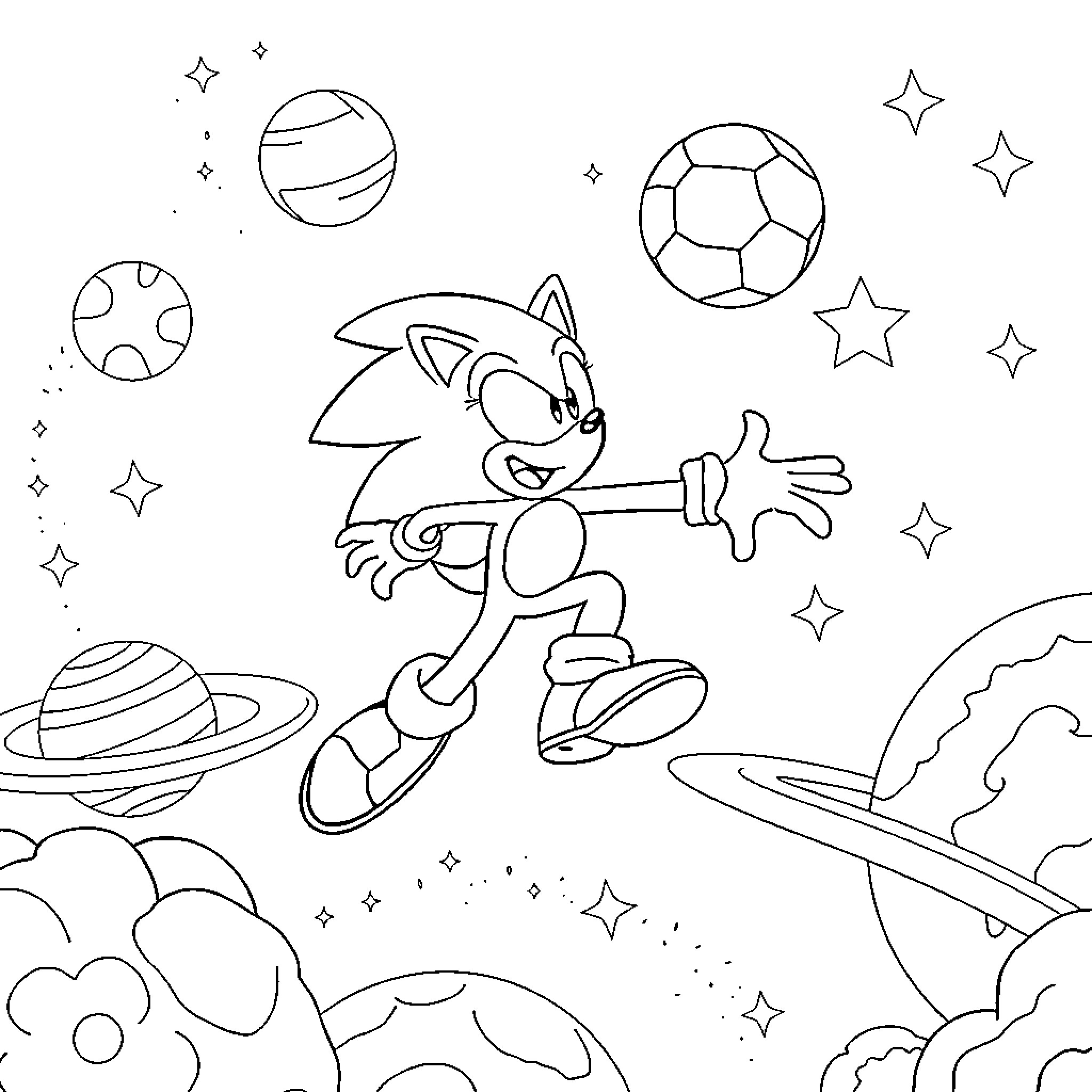 Sonic running through a cosmic landscape Coloring Page (free black-and-white line drawing printable PDF for all, from beginners to advanced learners, including children, teens, adults, and seniors)