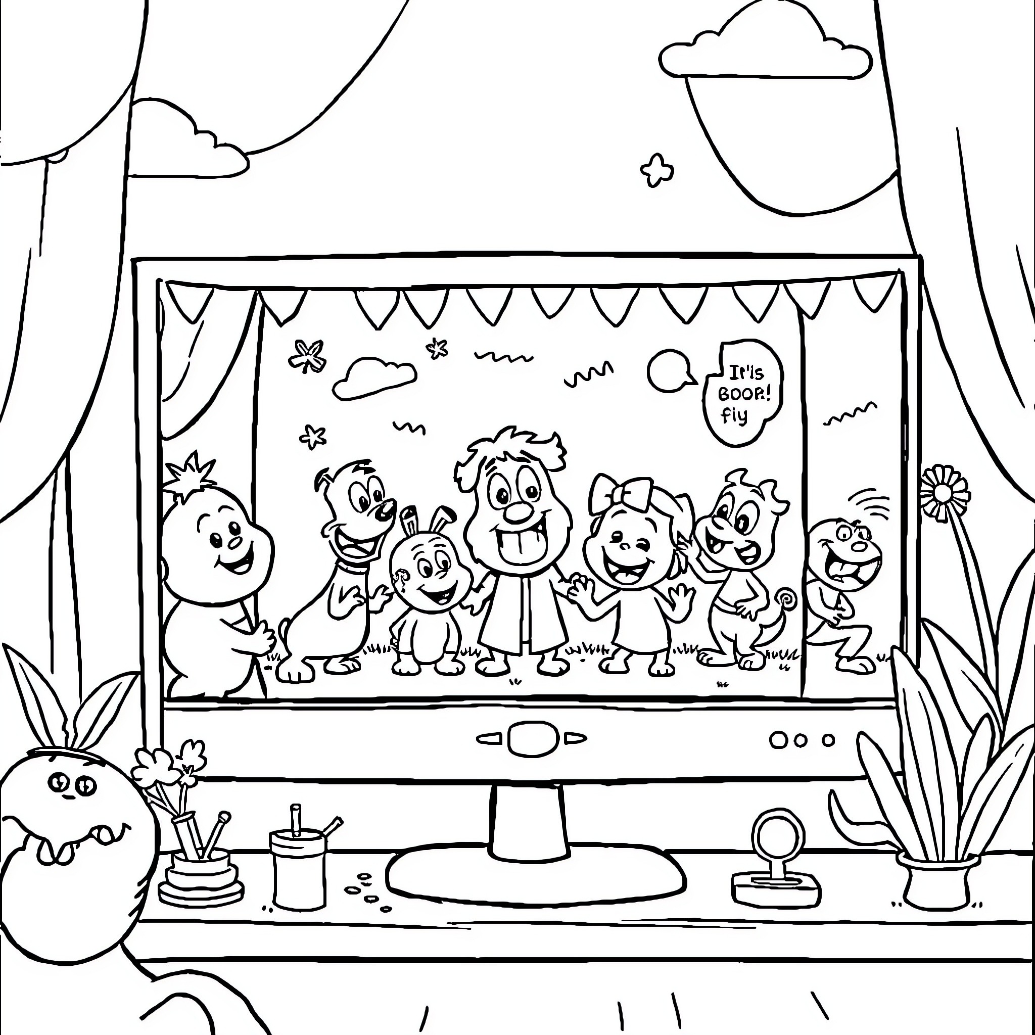 Cartoon characters performing on a stage Coloring Page (free black-and-white line drawing printable PDF for all, from beginners to advanced learners, including children, teens, adults, and seniors)