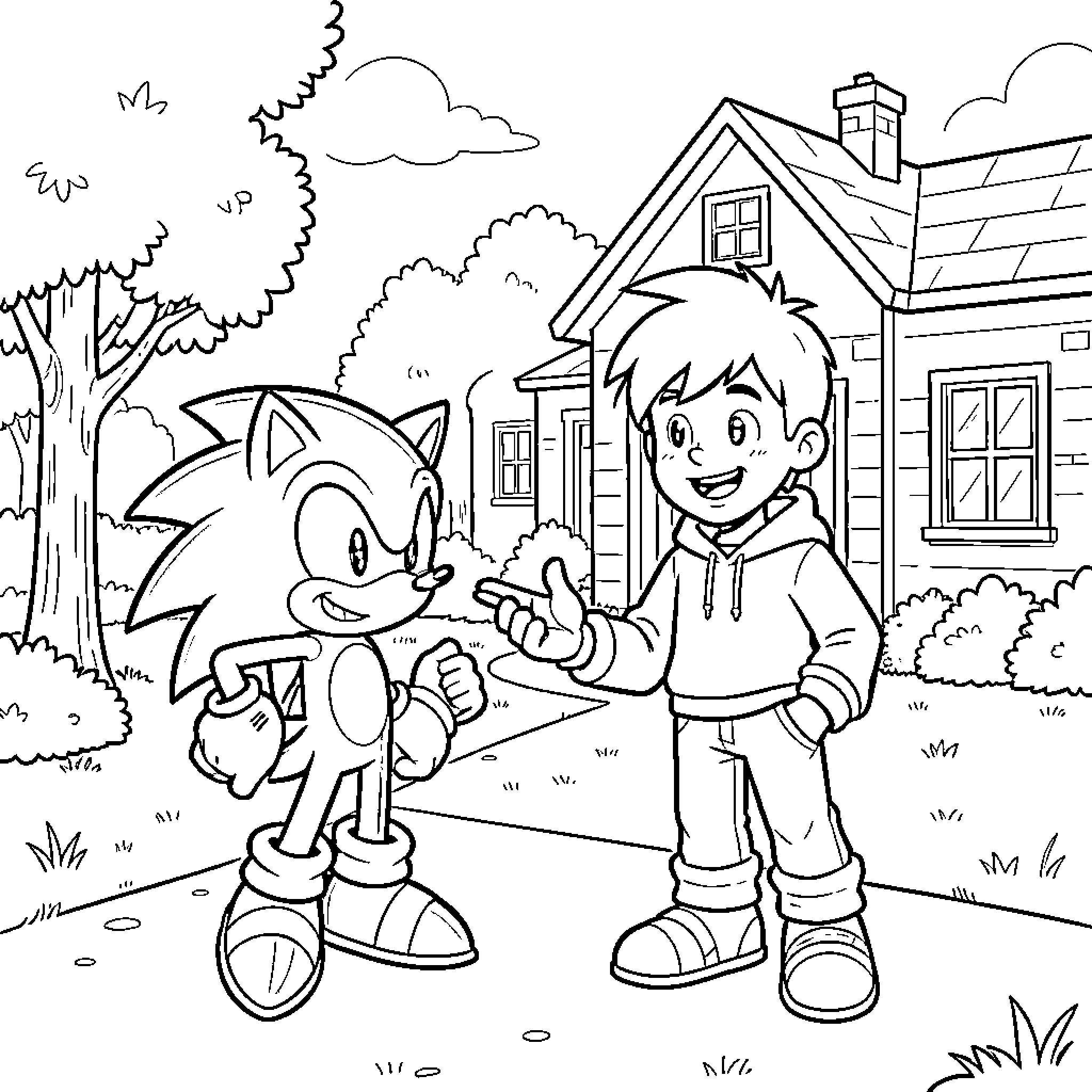 Sonic high fiving a happy young boy Coloring Page (free black-and-white line drawing printable PDF for all, from beginners to advanced learners, including children, teens, adults, and seniors)