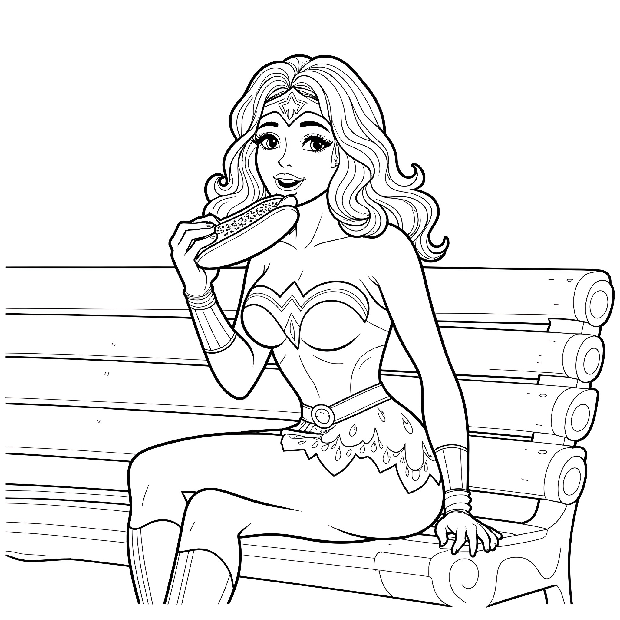 Wonder Woman in a Heroic Pose Coloring Page (free black-and-white line drawing printable PDF for all, from beginners to advanced learners, including children, teens, adults, and seniors)
