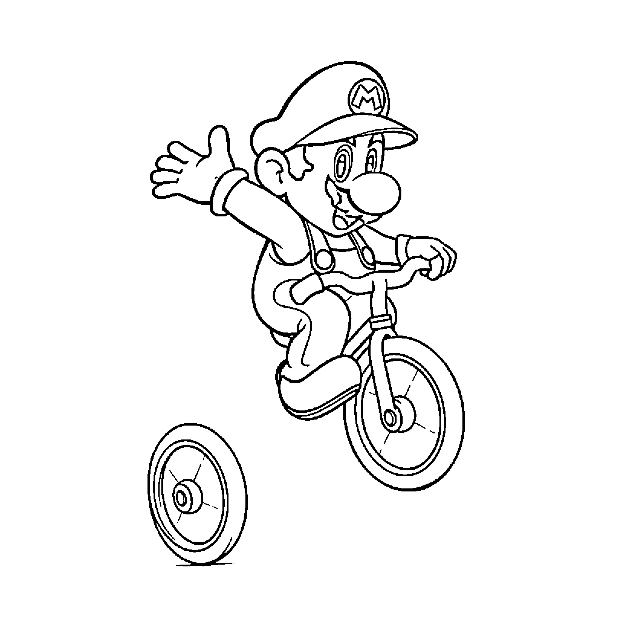 Mario riding a tricycle happily Coloring Page (free black-and-white line drawing printable PDF for all, from beginners to advanced learners, including children, teens, adults, and seniors)