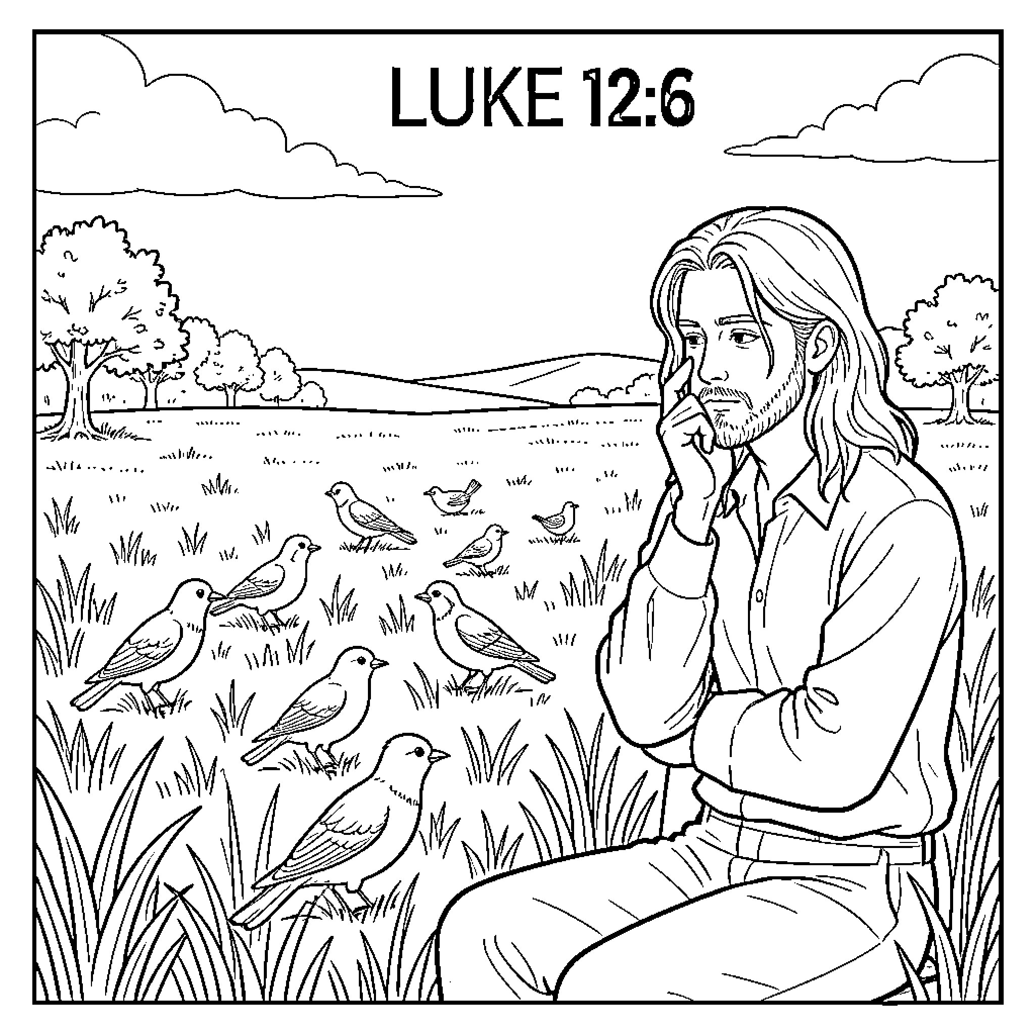 Bible scene of a man contemplating with birds nearby Coloring Page (free black-and-white line drawing printable PDF for all, from beginners to advanced learners, including children, teens, adults, and seniors)
