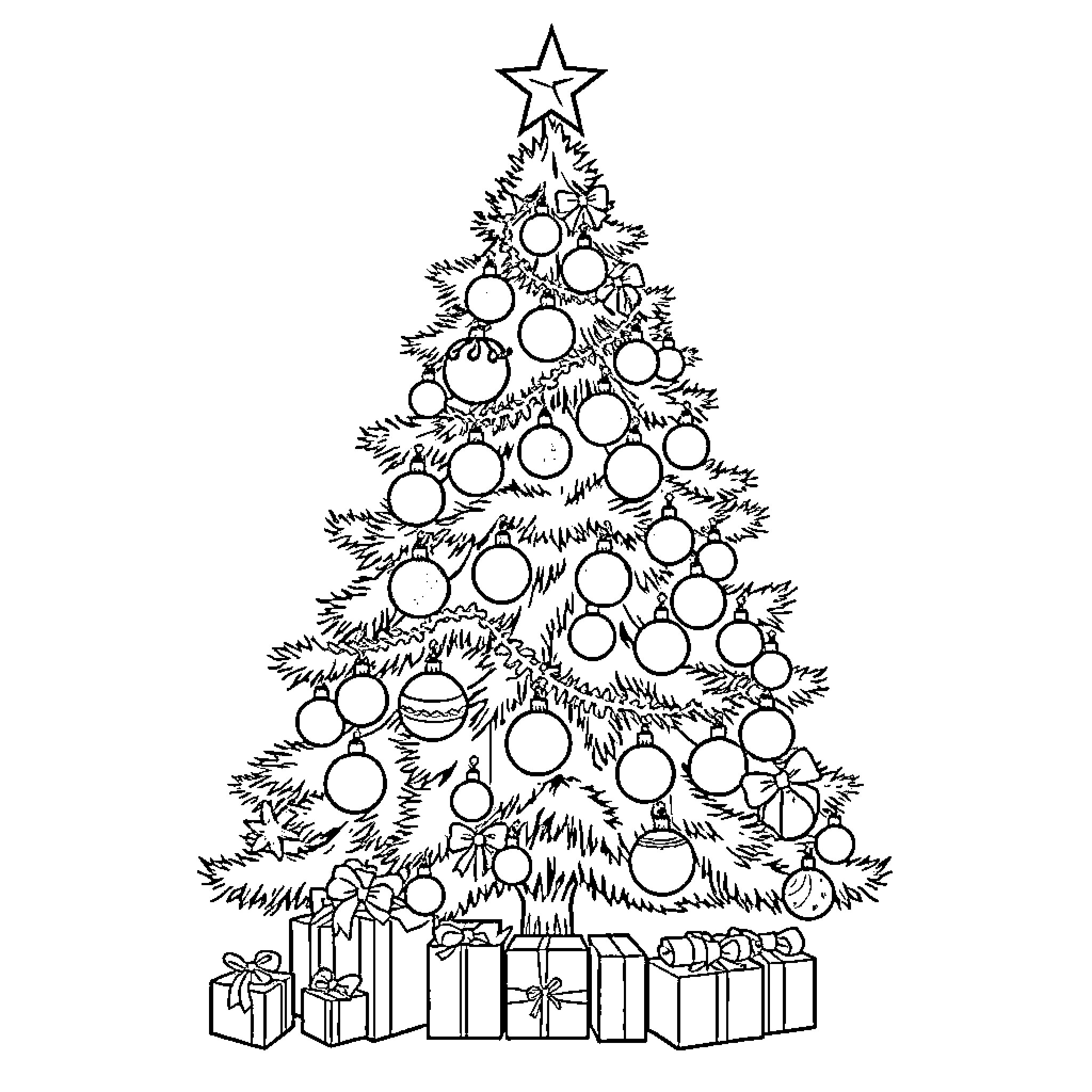 Christmas Tree with Ornaments and Presents Coloring Page (free black-and-white line drawing printable PDF for all, from beginners to advanced learners, including children, teens, adults, and seniors)