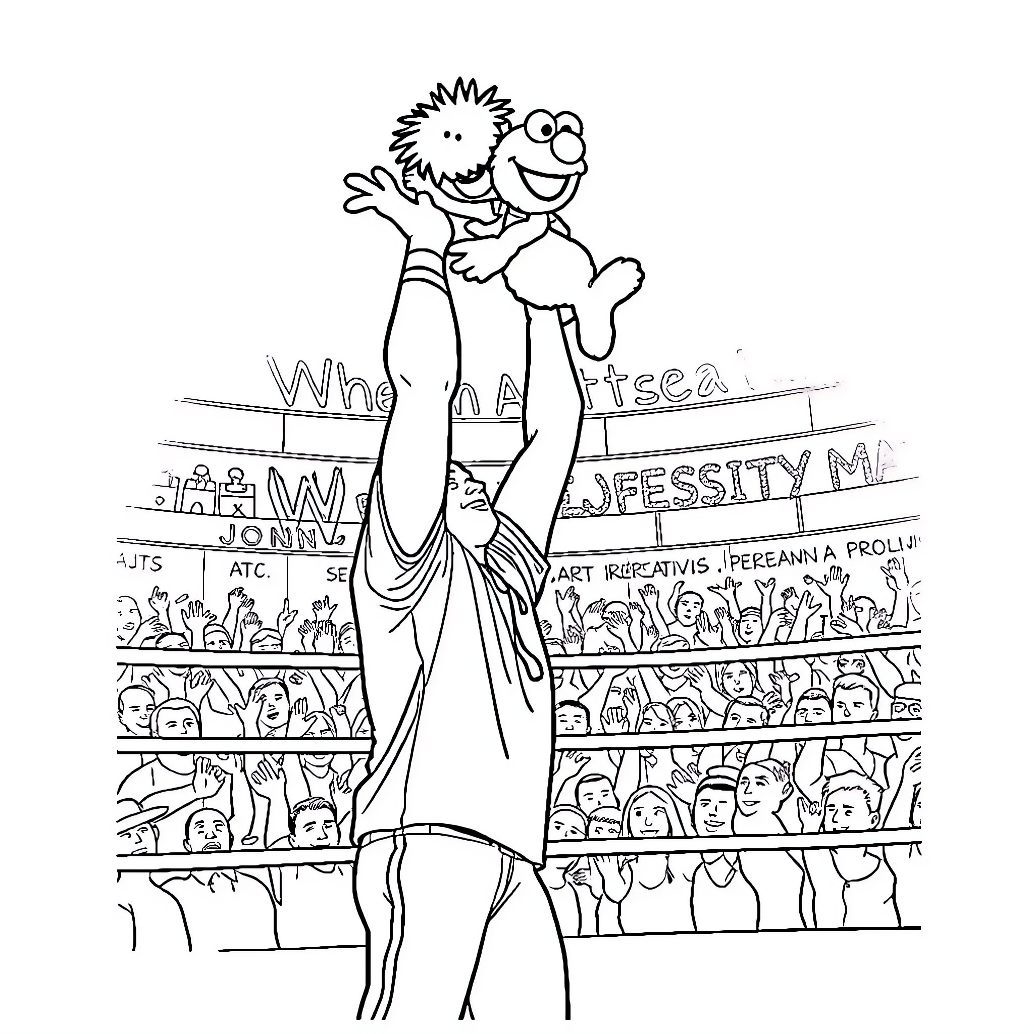 John Cena Performing for Enthusiastic Audience Coloring Page (free black-and-white line drawing printable PDF for all, from beginners to advanced learners, including children, teens, adults, and seniors)