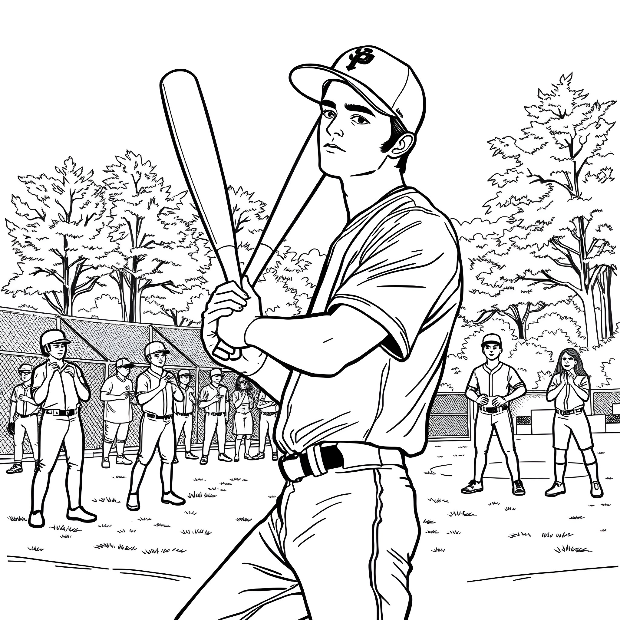 Edward playing baseball with team in the park Coloring Page (free black-and-white line drawing printable PDF for all, from beginners to advanced learners, including children, teens, adults, and seniors)