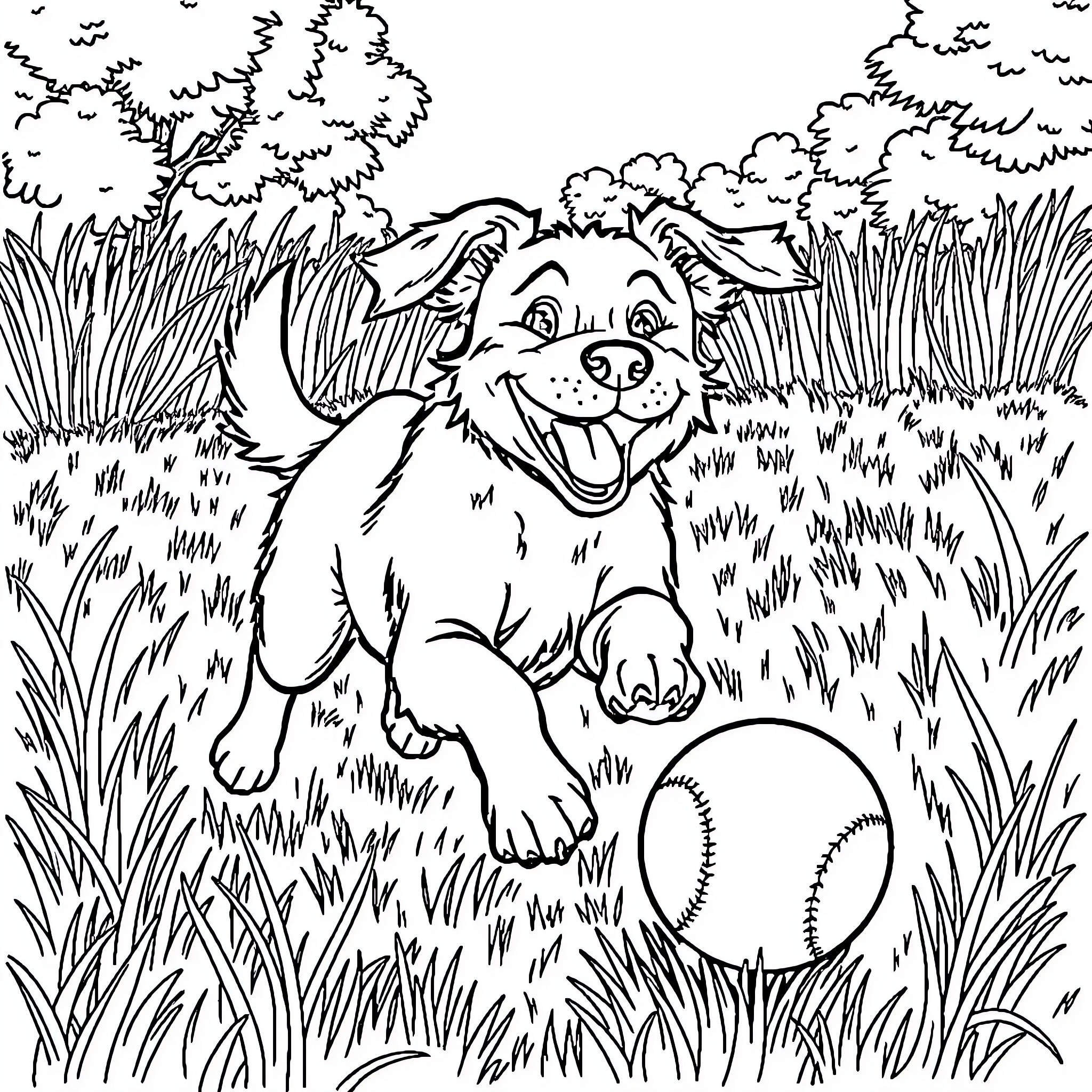Dog playing happily with ball in the park Coloring Page (free black-and-white line drawing printable PDF for all, from beginners to advanced learners, including children, teens, adults, and seniors)