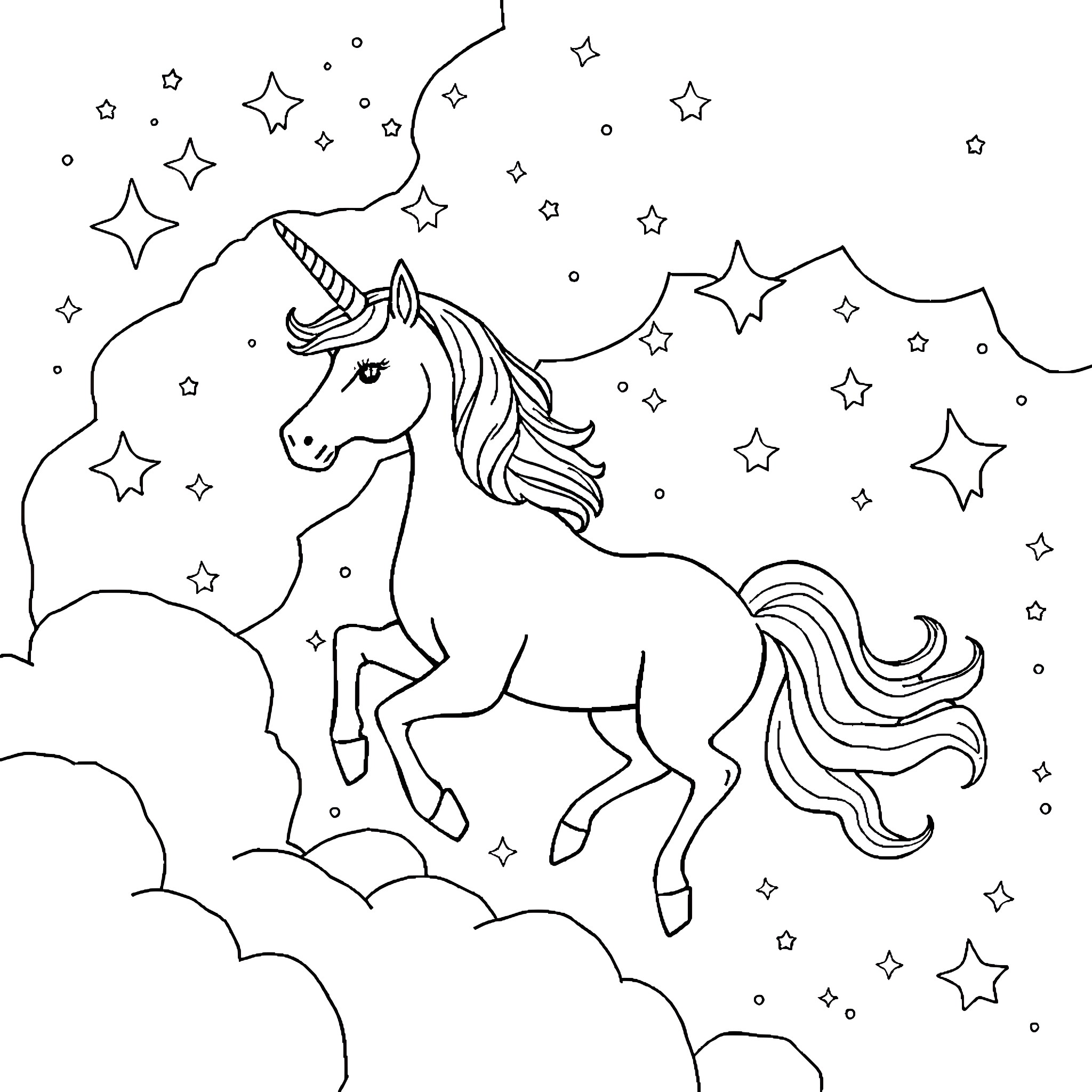 Unicorn galloping through starry night sky Coloring Page (free black-and-white line drawing printable PDF for all, from beginners to advanced learners, including children, teens, adults, and seniors)
