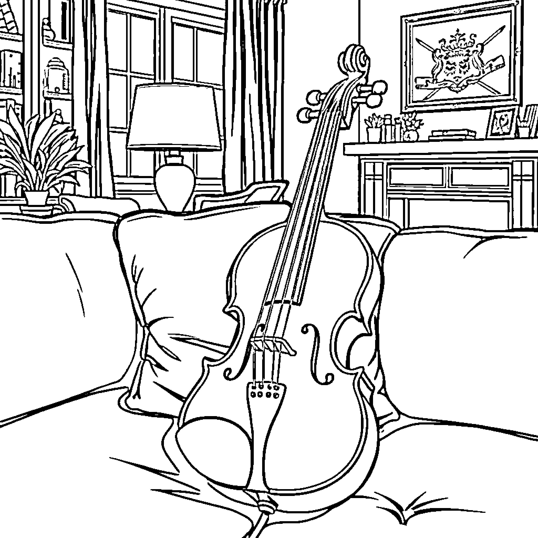 Violin on display in a cozy living room Coloring Page (free black-and-white line drawing printable PDF for all, from beginners to advanced learners, including children, teens, adults, and seniors)
