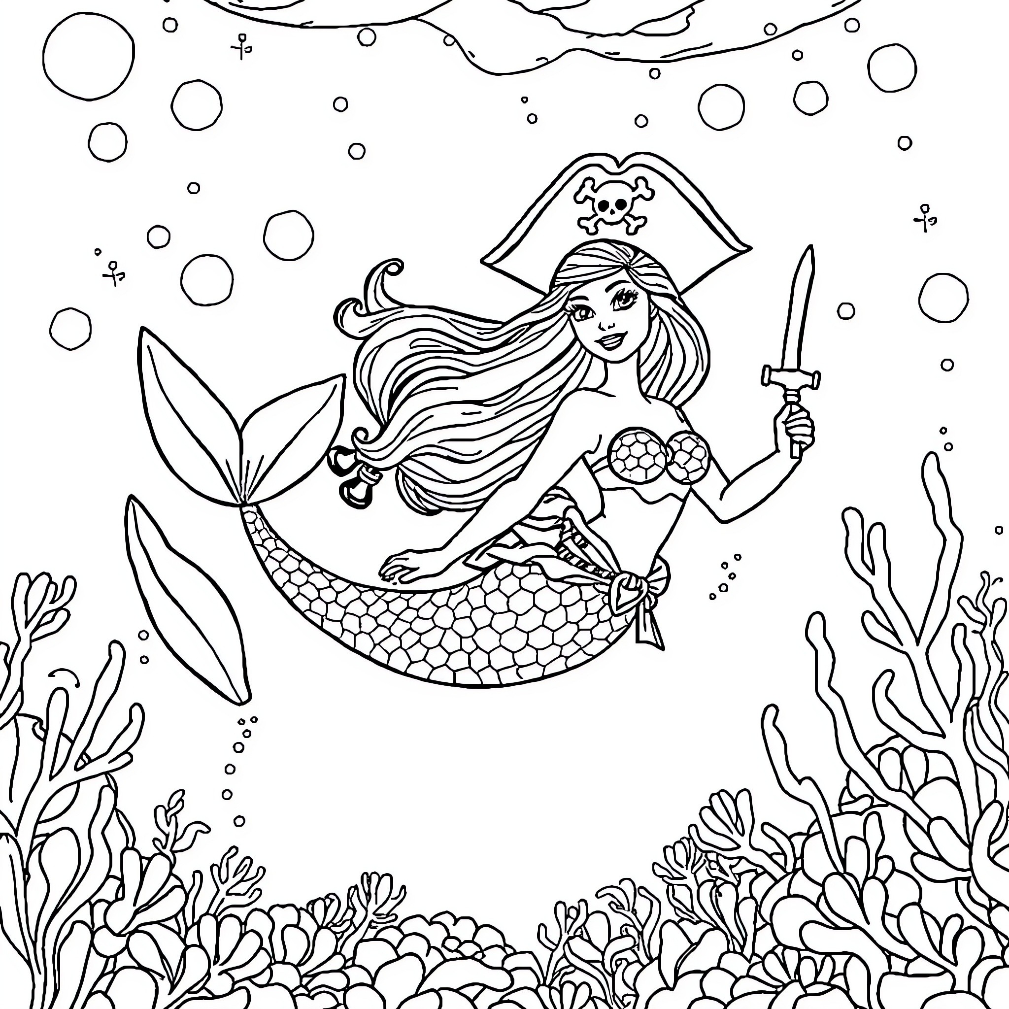 Mermaid pirate exploring the underwater world Coloring Page (free black-and-white line drawing printable PDF for all, from beginners to advanced learners, including children, teens, adults, and seniors)