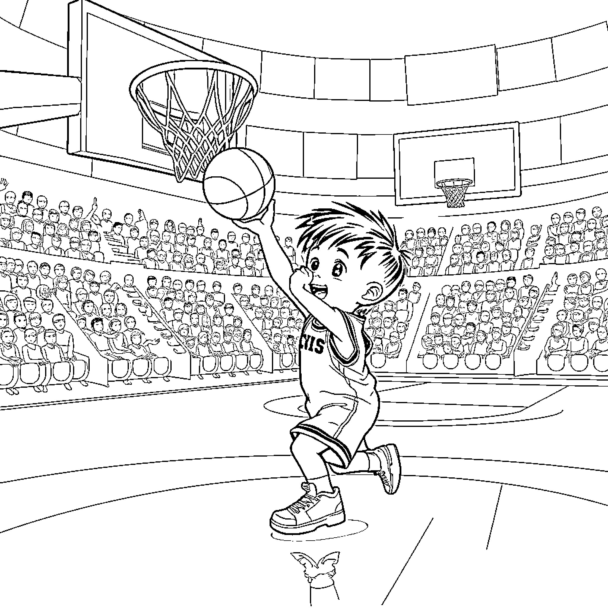 Child playing basketball on the court Coloring Page (free black-and-white line drawing printable PDF for all, from beginners to advanced learners, including children, teens, adults, and seniors)
