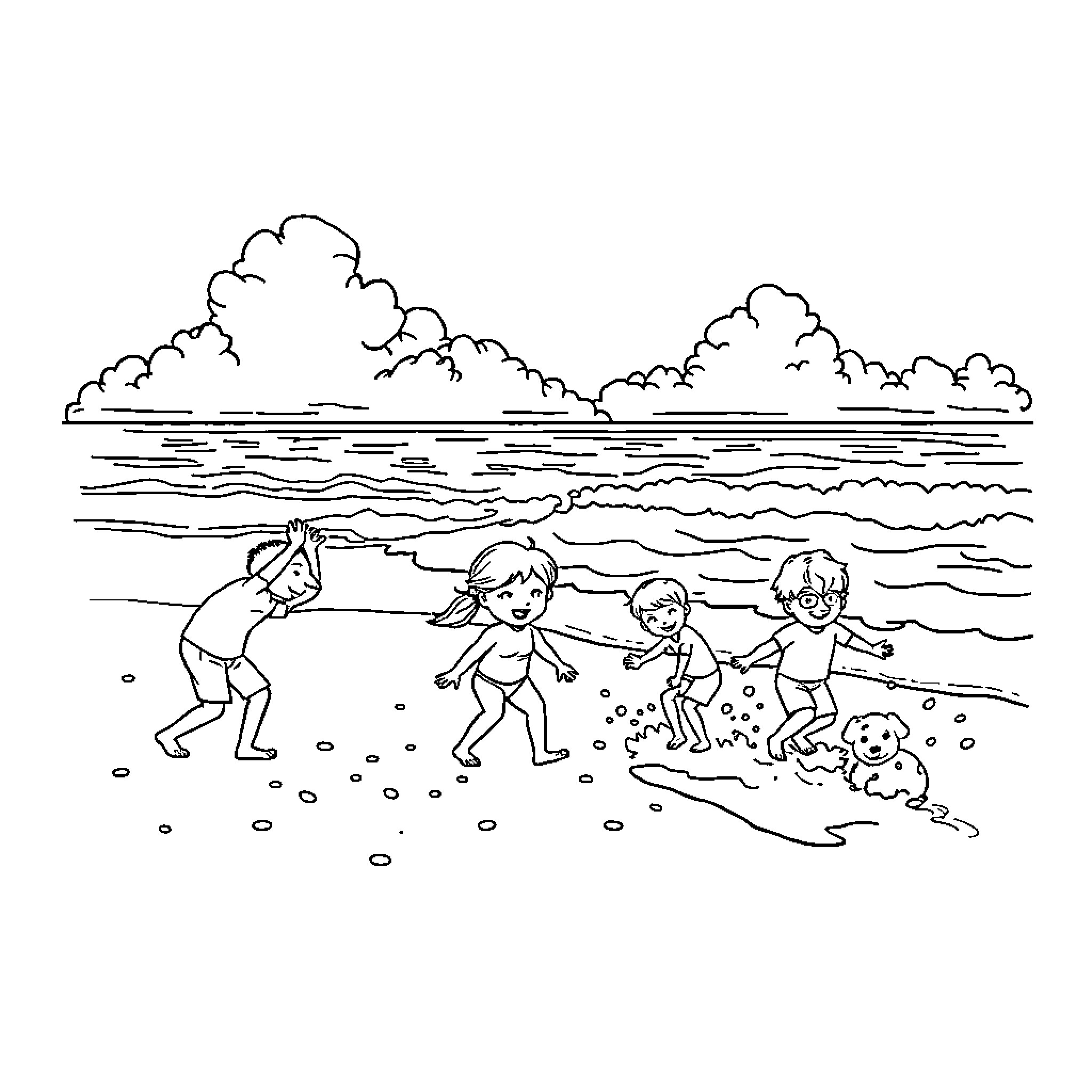 Family enjoying a day at the beach Coloring Page (free black-and-white line drawing printable PDF for all, from beginners to advanced learners, including children, teens, adults, and seniors)