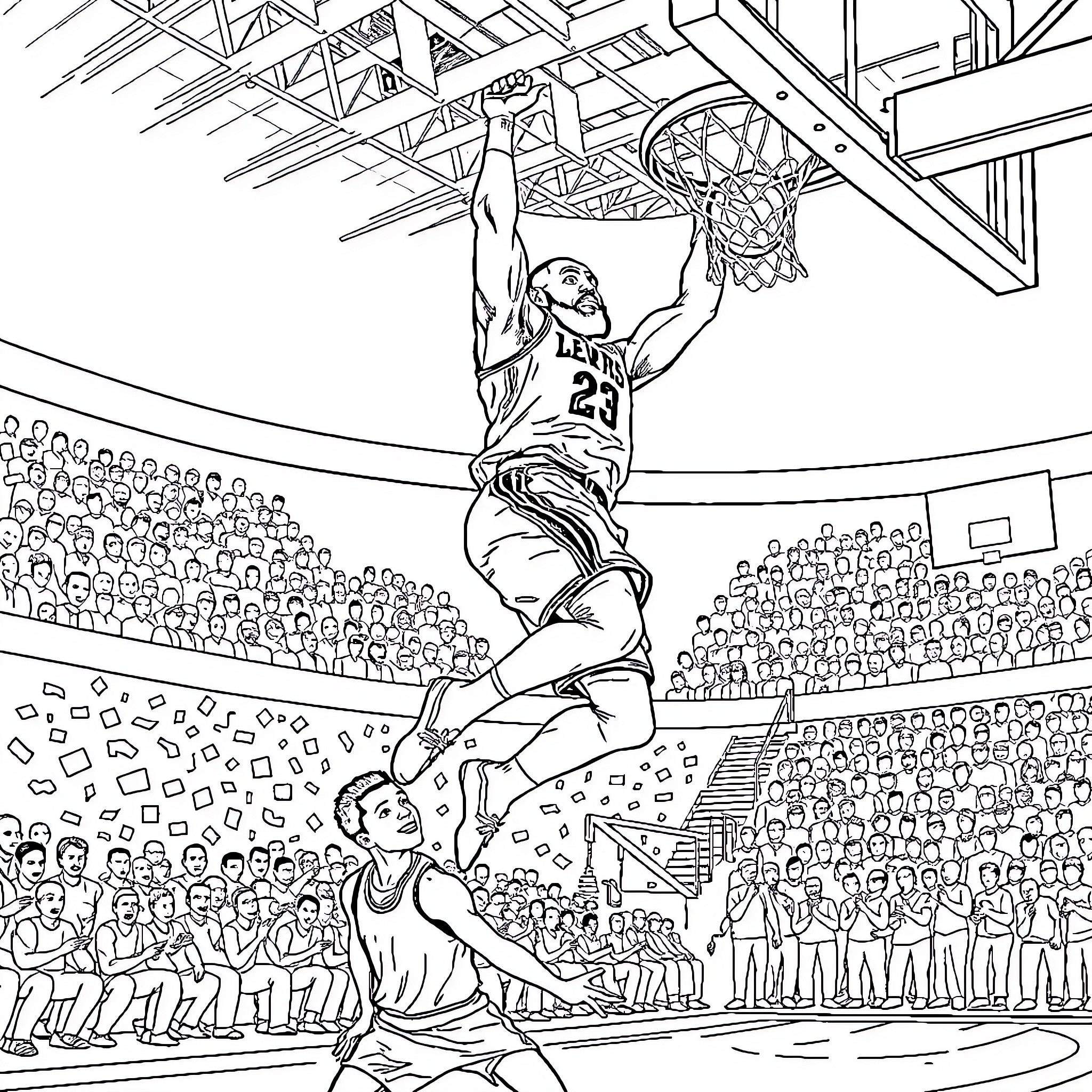 LeBron's Powerful Slam Dunk in an Intense Basketball Match Coloring Page (free black-and-white line drawing printable PDF for all, from beginners to advanced learners, including children, teens, adults, and seniors)