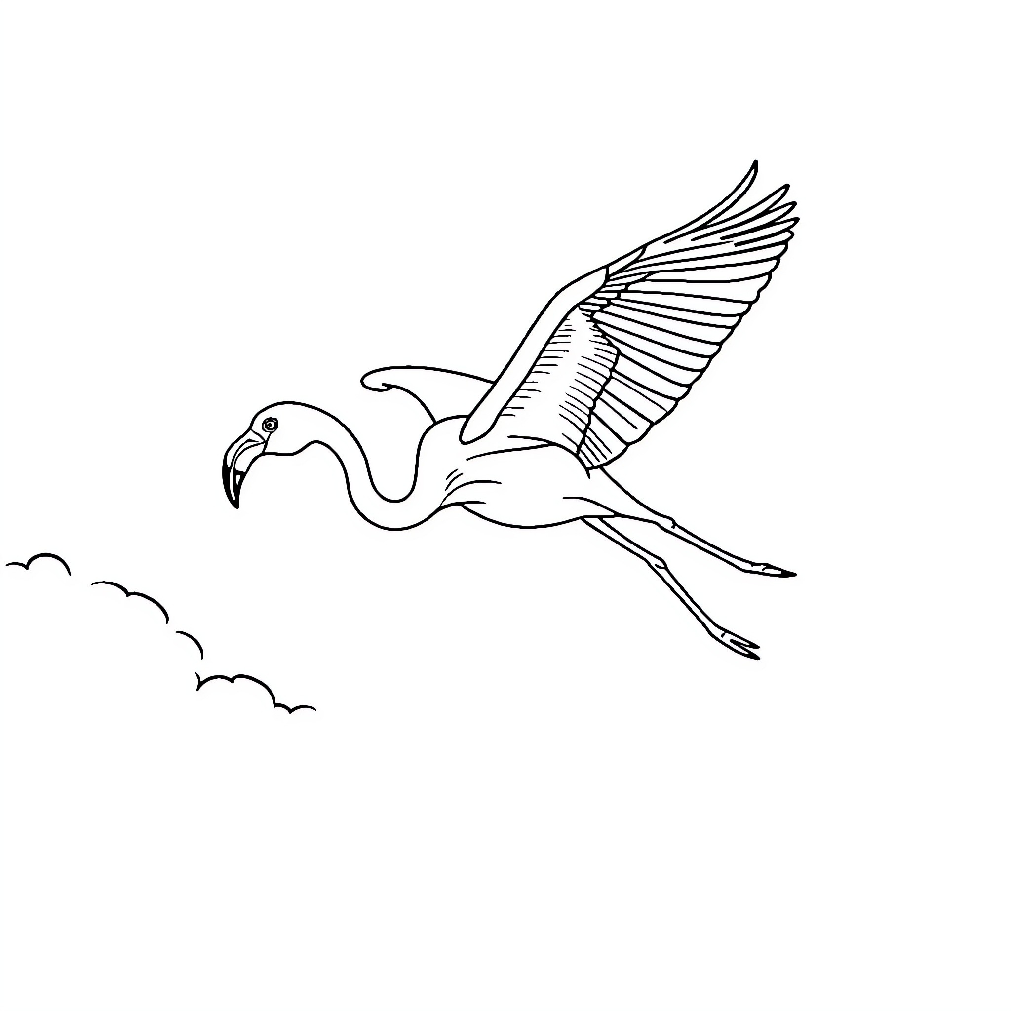 Flamingo soaring gracefully in the sky Coloring Page (free black-and-white line drawing printable PDF for all, from beginners to advanced learners, including children, teens, adults, and seniors)