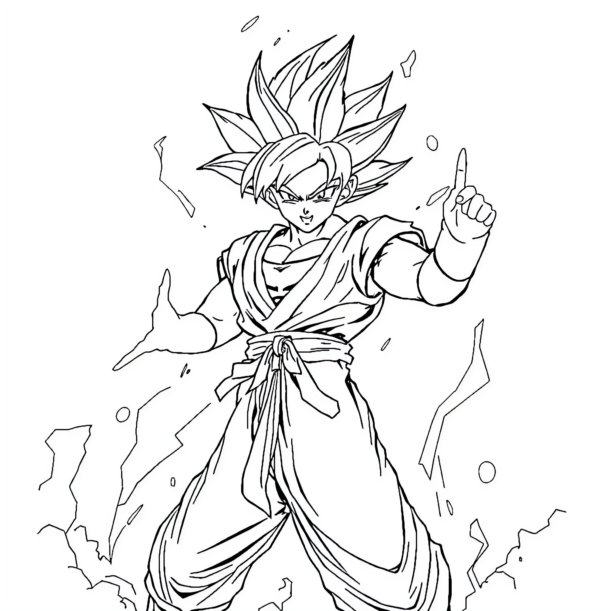 Goku's Powerful Transformation and Energy Surge Coloring Page (free black-and-white line drawing printable PDF for all, from beginners to advanced learners, including children, teens, adults, and seniors)