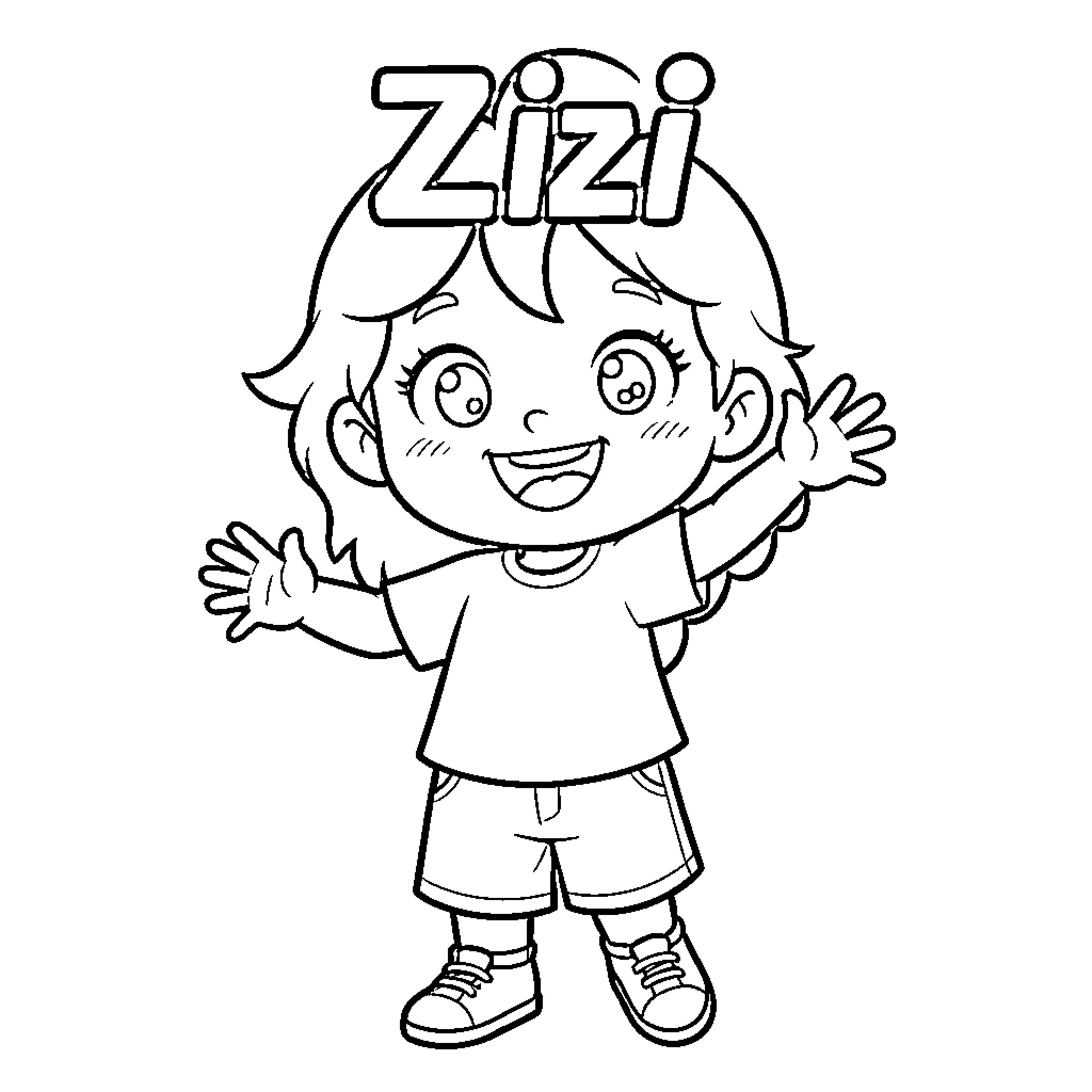 Zizi smiling joyfully with arms wide open Coloring Page (free black-and-white line drawing printable PDF for all, from beginners to advanced learners, including children, teens, adults, and seniors)