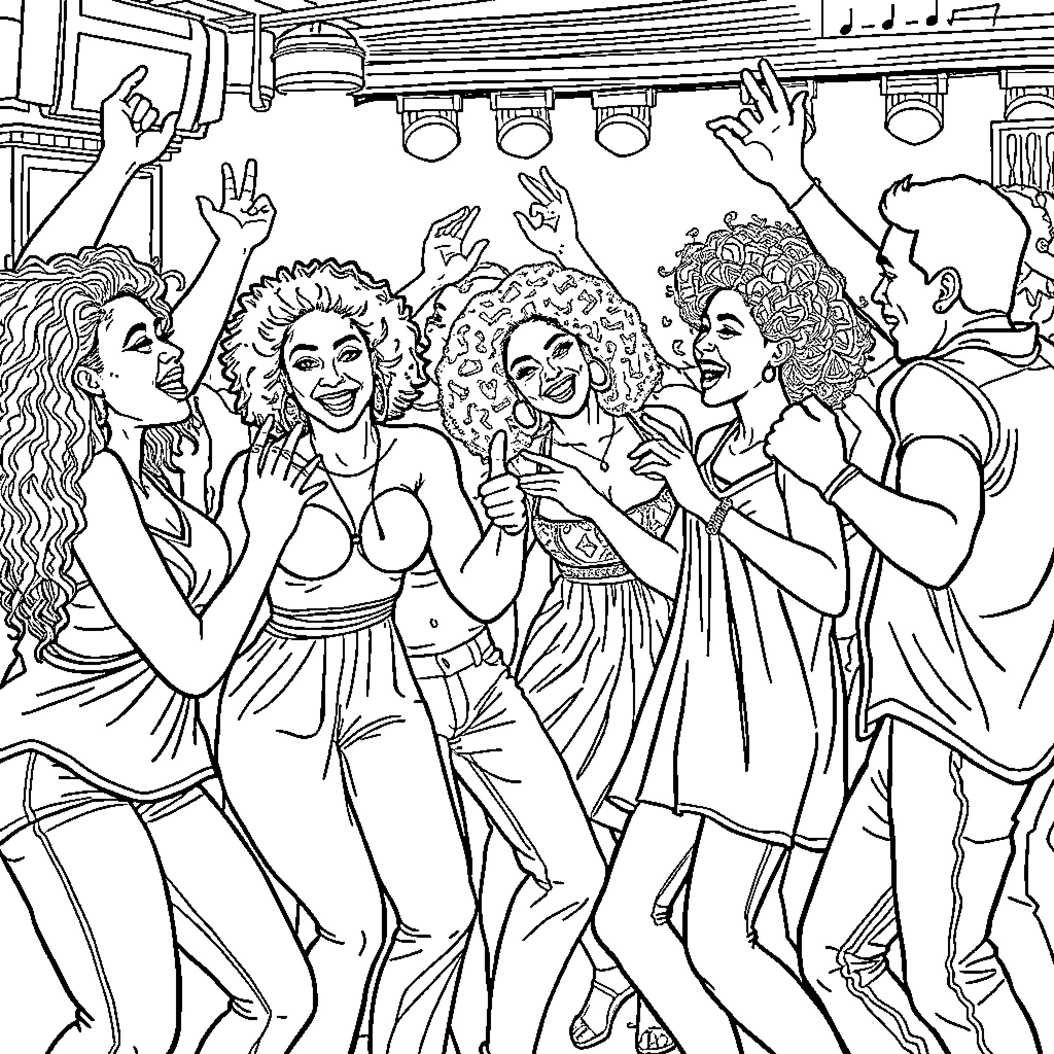 Friends dancing joyfully at a lively party Coloring Page (free black-and-white line drawing printable PDF for all, from beginners to advanced learners, including children, teens, adults, and seniors)