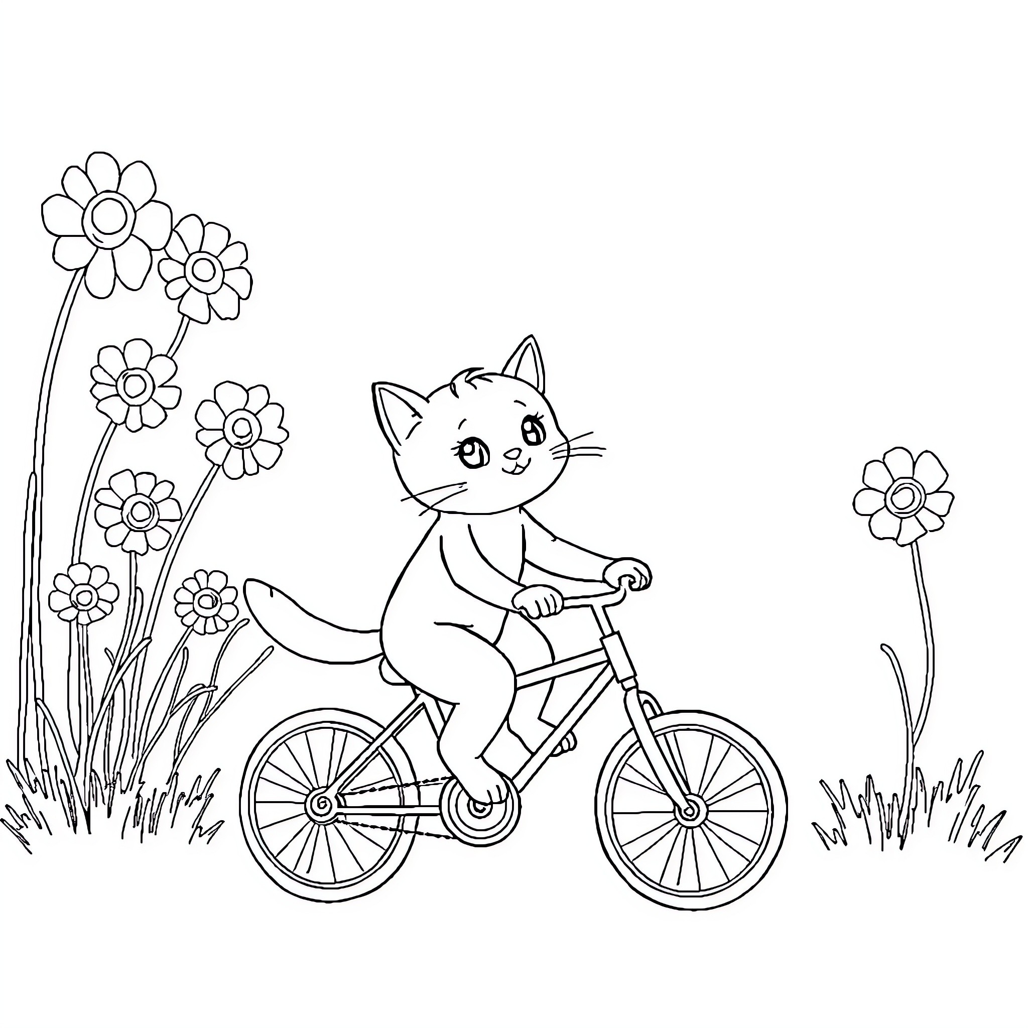 Cat riding a bicycle in a flowery field Coloring Page (free black-and-white line drawing printable PDF for all, from beginners to advanced learners, including children, teens, adults, and seniors)