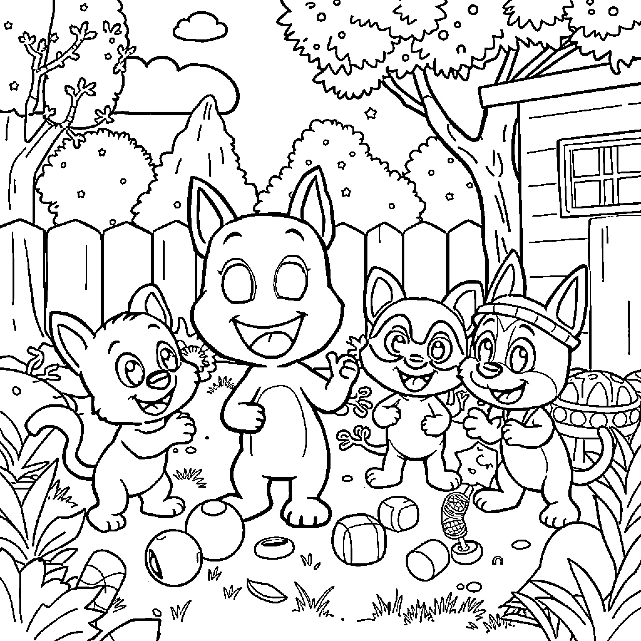 Bluey and friends playing joyfully in the backyard Coloring Page (free black-and-white line drawing printable PDF for all, from beginners to advanced learners, including children, teens, adults, and seniors)
