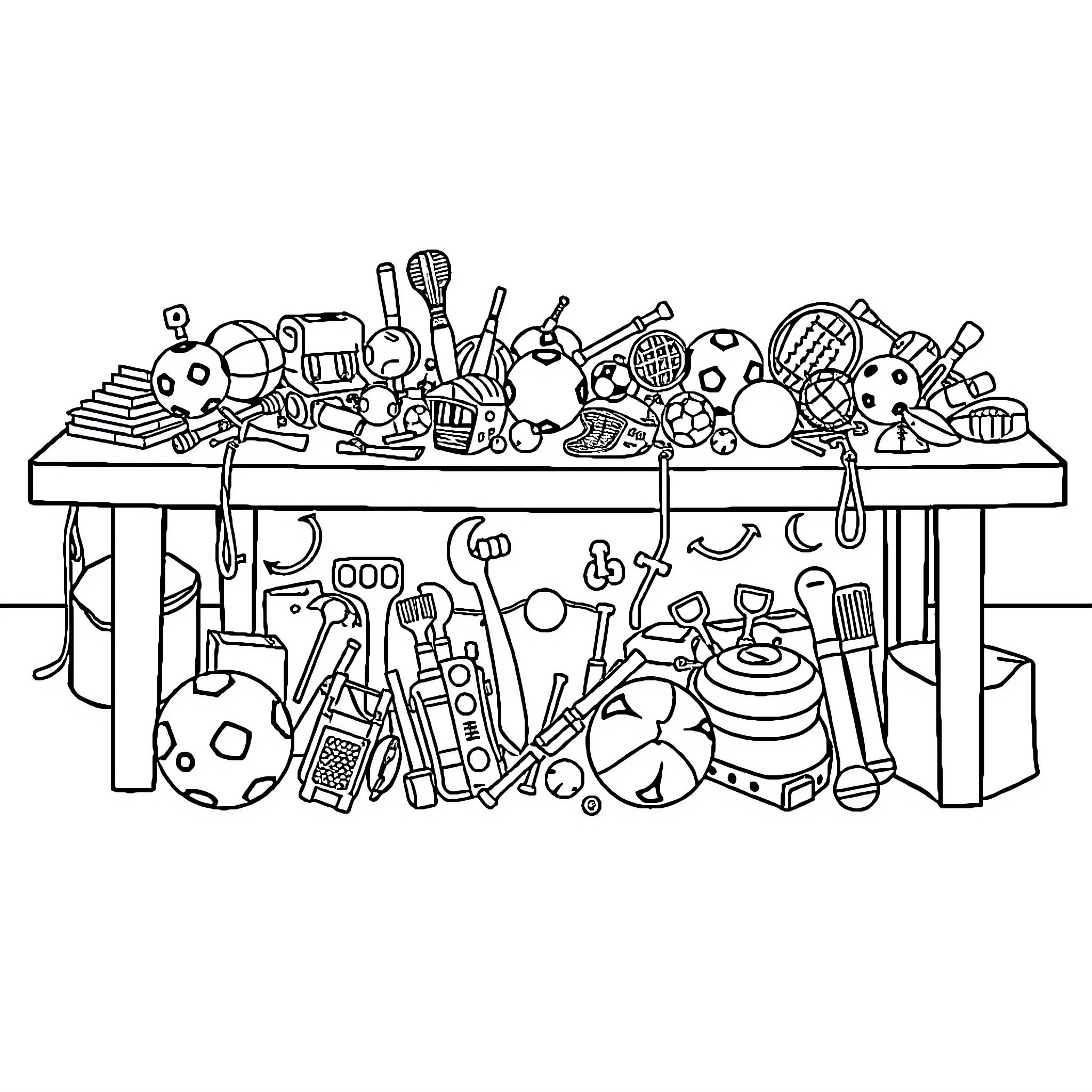Sports Equipment Cluttered on a Table Coloring Page (free black-and-white line drawing printable PDF for all, from beginners to advanced learners, including children, teens, adults, and seniors)