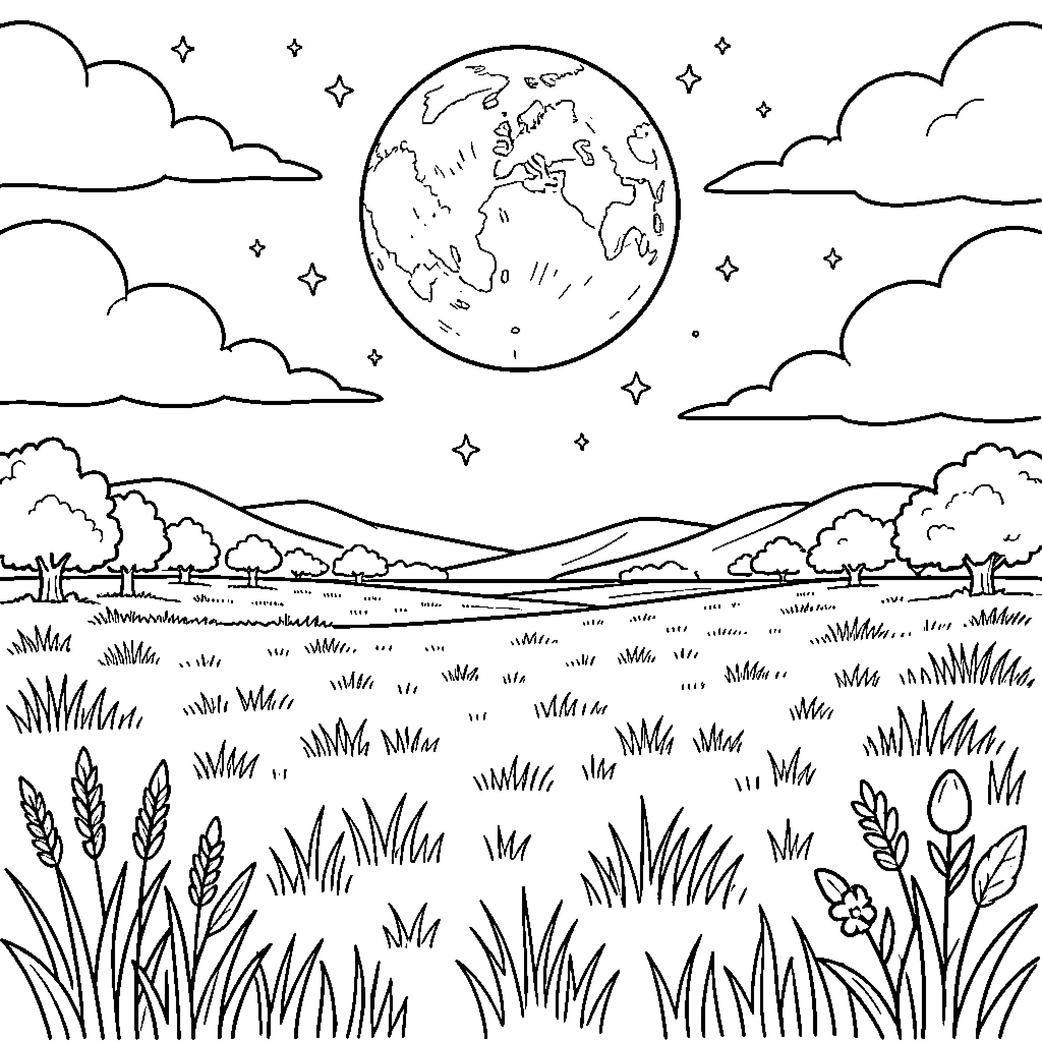 Moon rising over a peaceful landscape with clouds Coloring Page (free black-and-white line drawing printable PDF for all, from beginners to advanced learners, including children, teens, adults, and seniors)