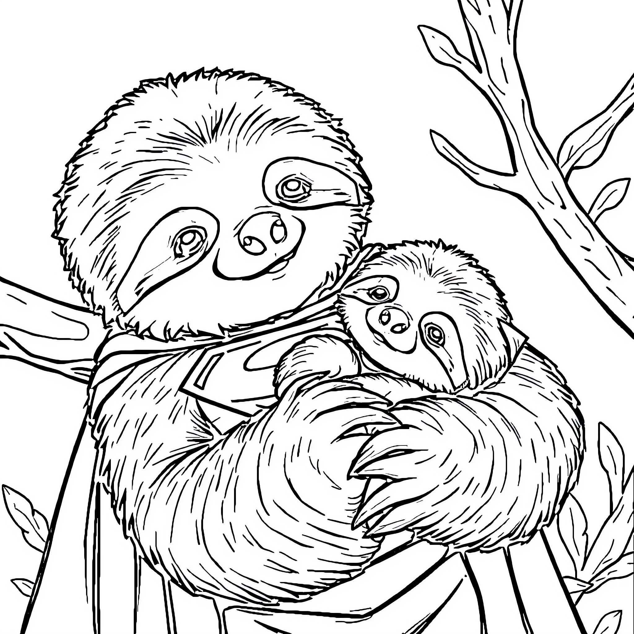 Superman Sloth cuddling with friend in the jungle Coloring Page (free black-and-white line drawing printable PDF for all, from beginners to advanced learners, including children, teens, adults, and seniors)