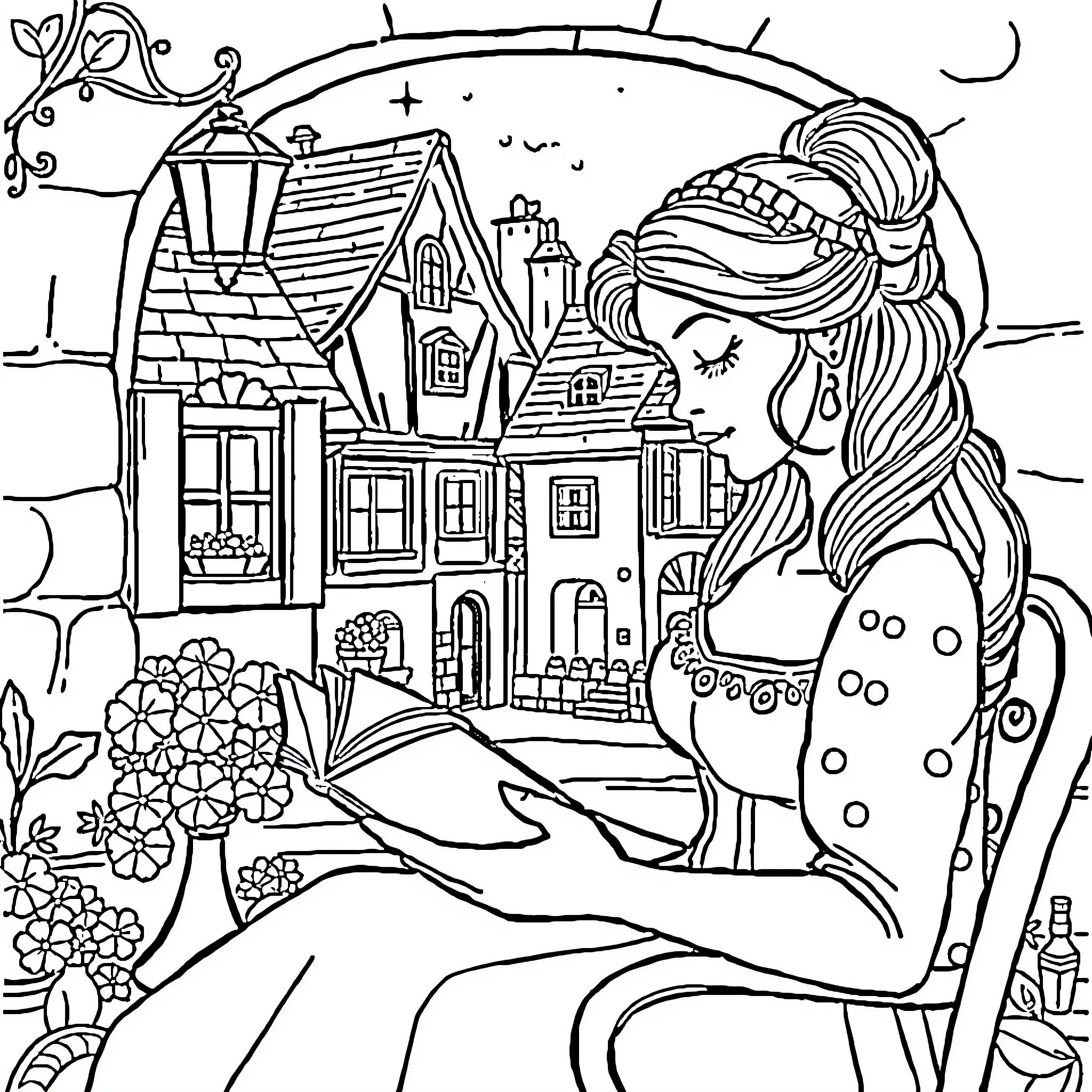 Belle Gazing at the Whimsical Village Coloring Page (free black-and-white line drawing printable PDF for all, from beginners to advanced learners, including children, teens, adults, and seniors)