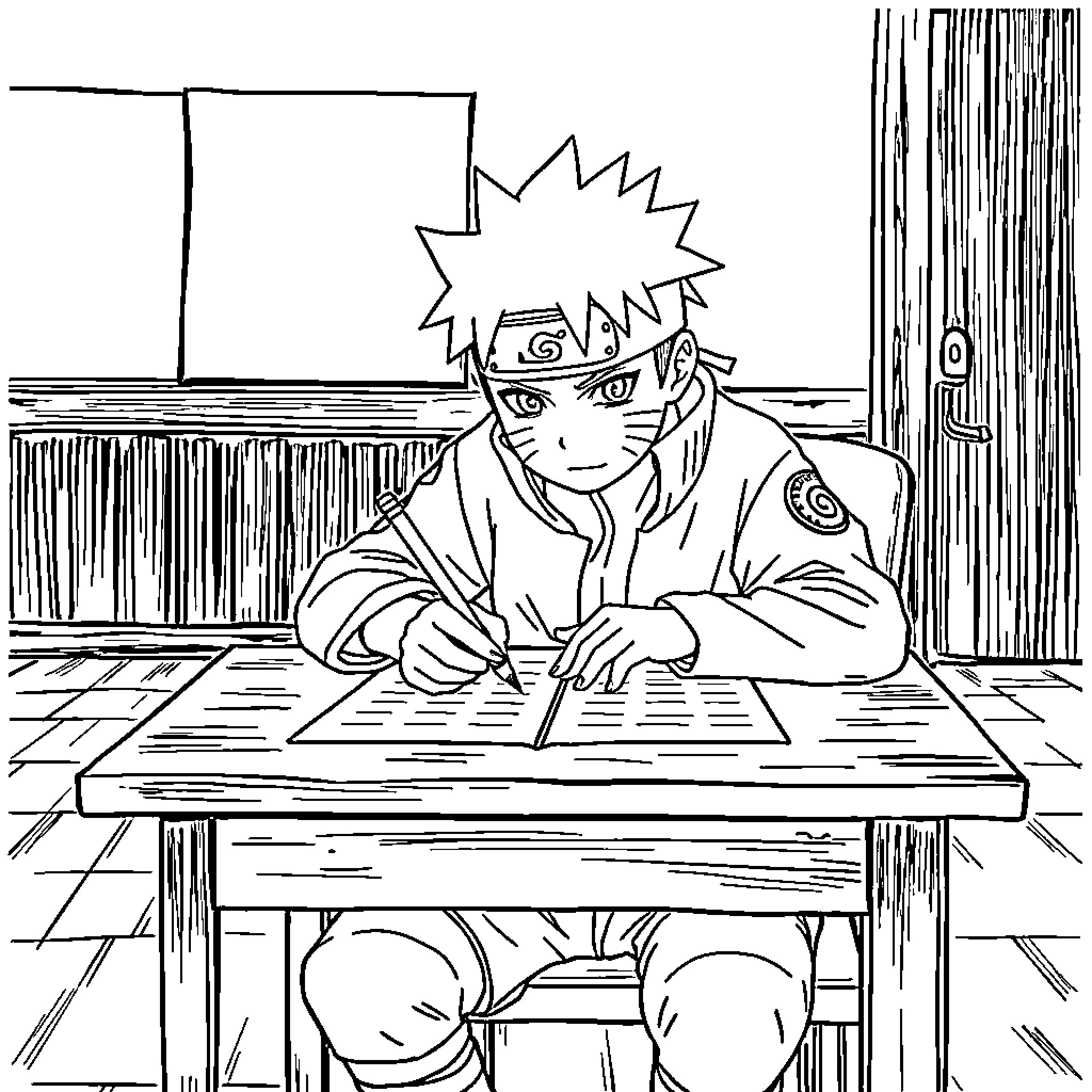 Naruto studying intently at his desk Coloring Page (free black-and-white line drawing printable PDF for all, from beginners to advanced learners, including children, teens, adults, and seniors)
