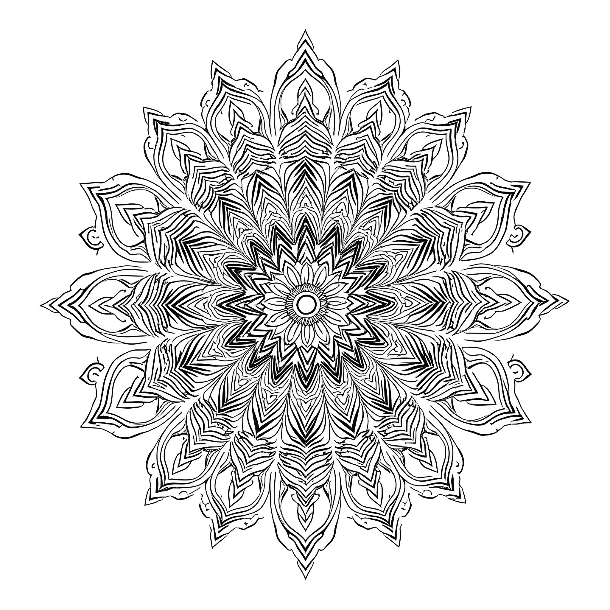 Mandala with intricate floral patterns and symmetry Coloring Page (free black-and-white line drawing printable PDF for all, from beginners to advanced learners, including children, teens, adults, and seniors)