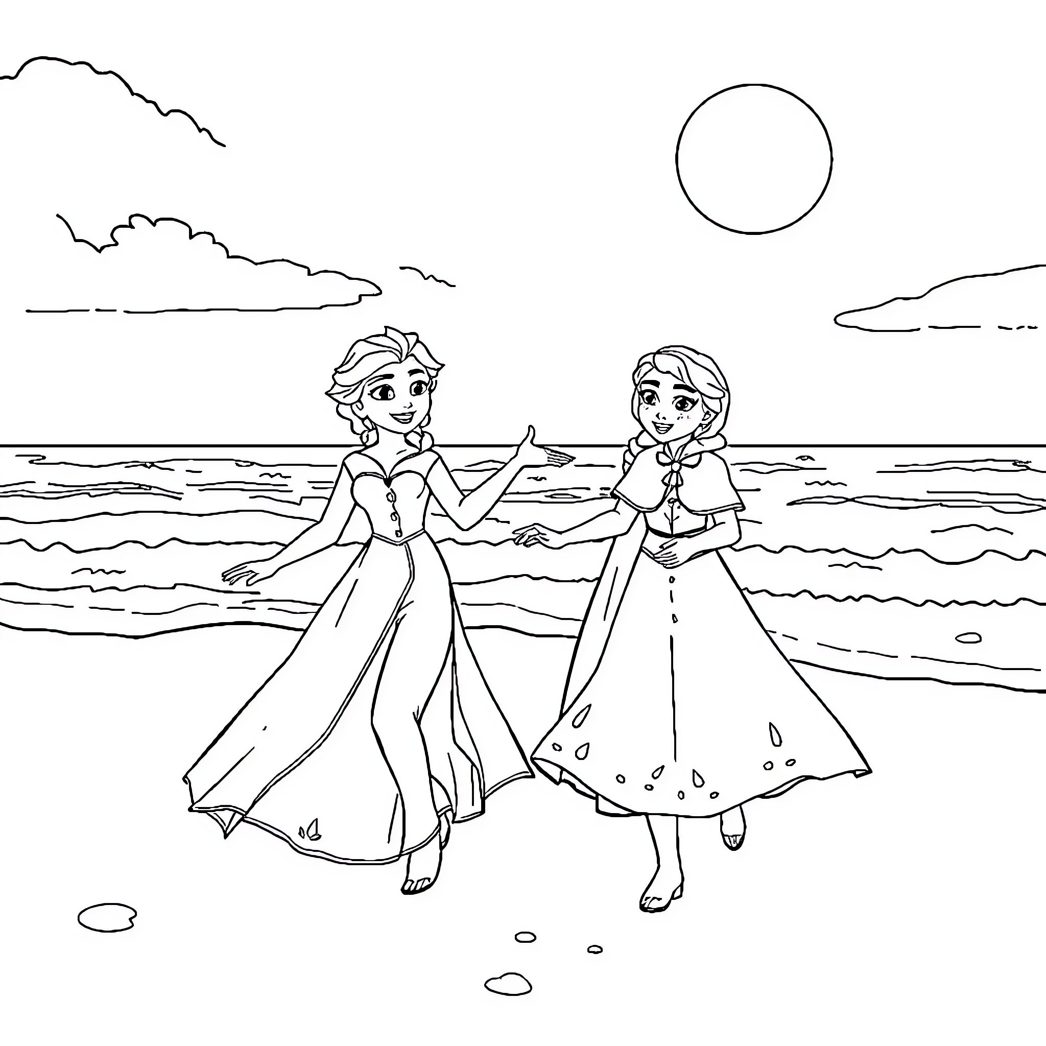 Elsa and Anna enjoying a beach adventure Coloring Page (free black-and-white line drawing printable PDF for all, from beginners to advanced learners, including children, teens, adults, and seniors)