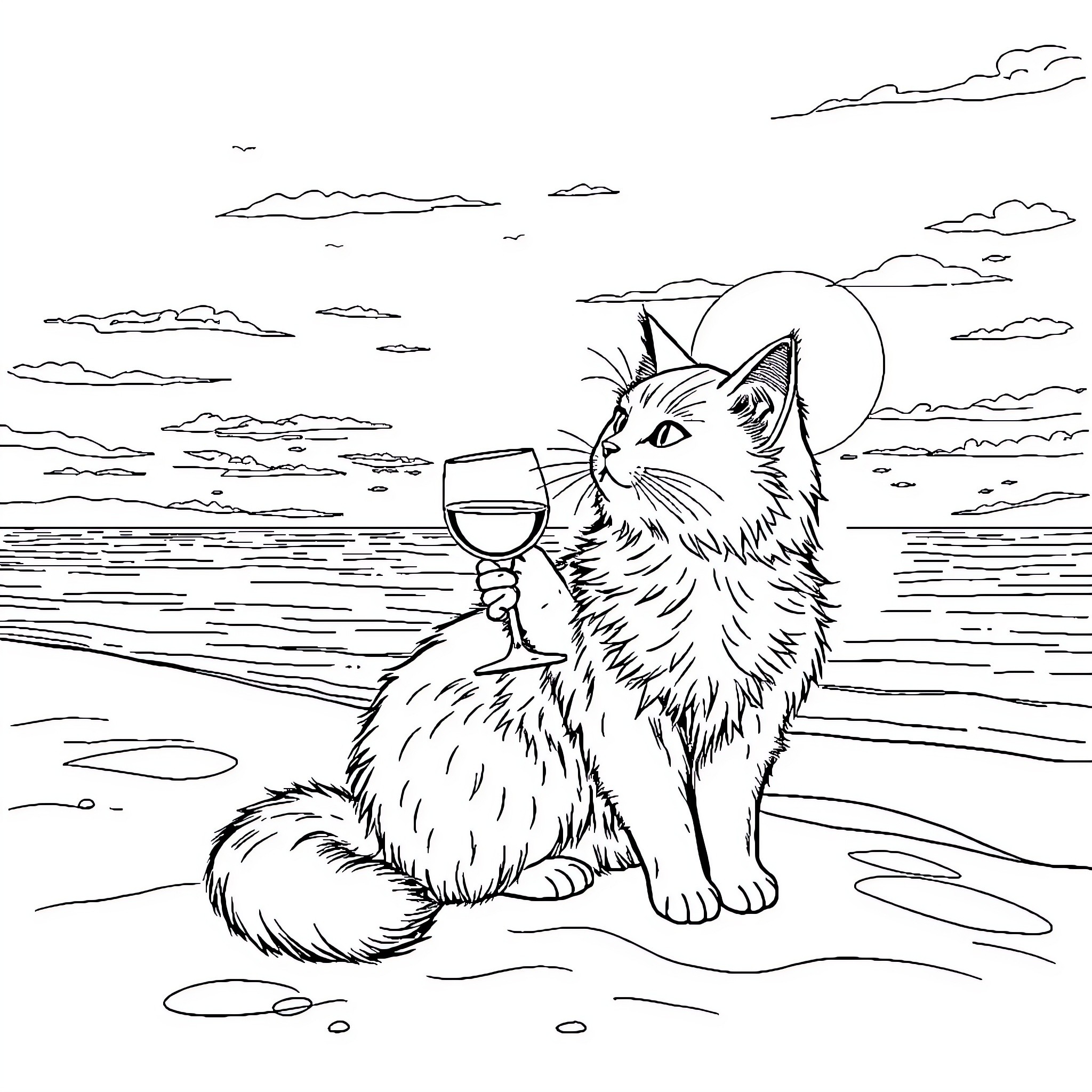 Cat enjoying a glass of wine on the beach Coloring Page (free black-and-white line drawing printable PDF for all, from beginners to advanced learners, including children, teens, adults, and seniors)