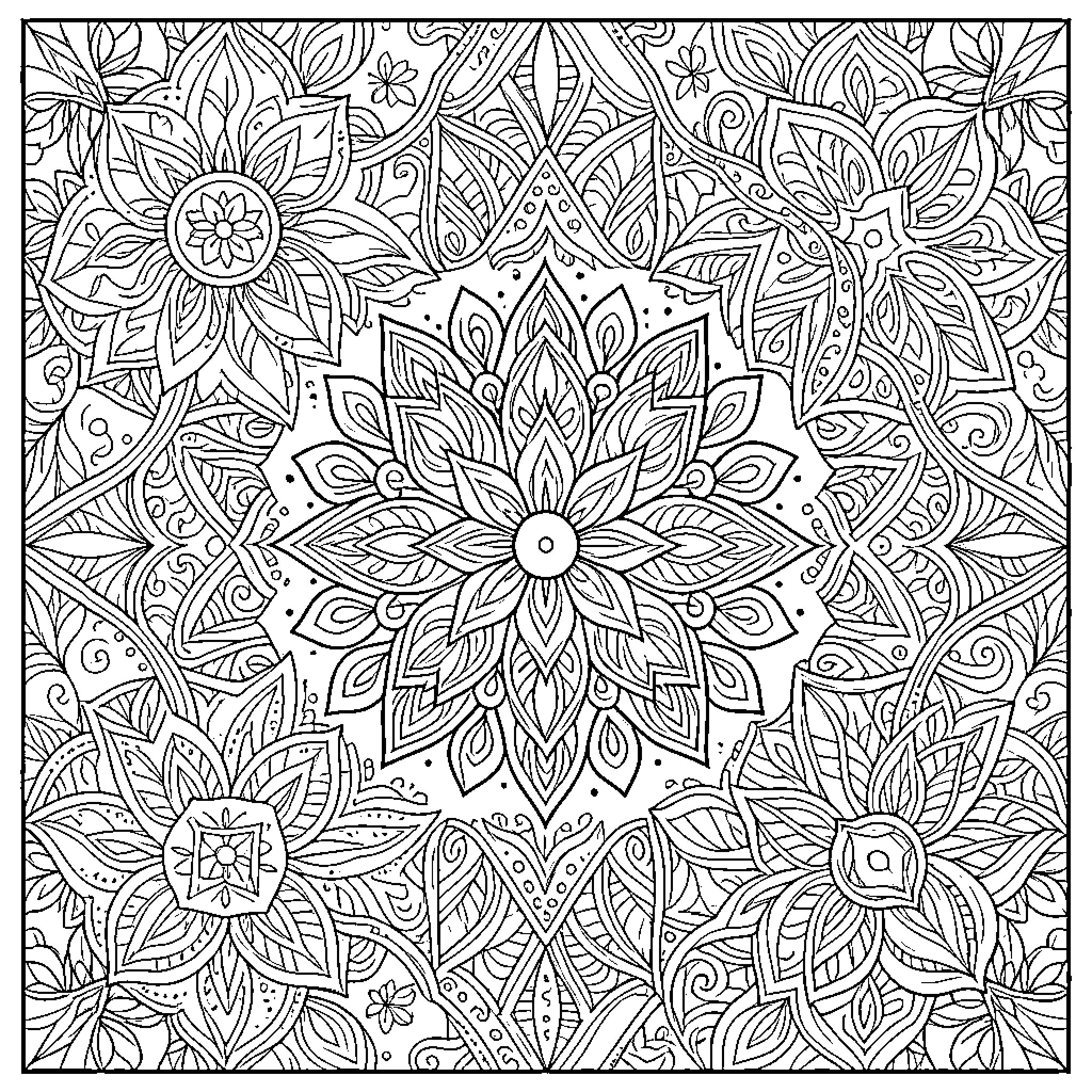 Pattern of Intricate Floral Designs Coloring Page (free black-and-white line drawing printable PDF for all, from beginners to advanced learners, including children, teens, adults, and seniors)