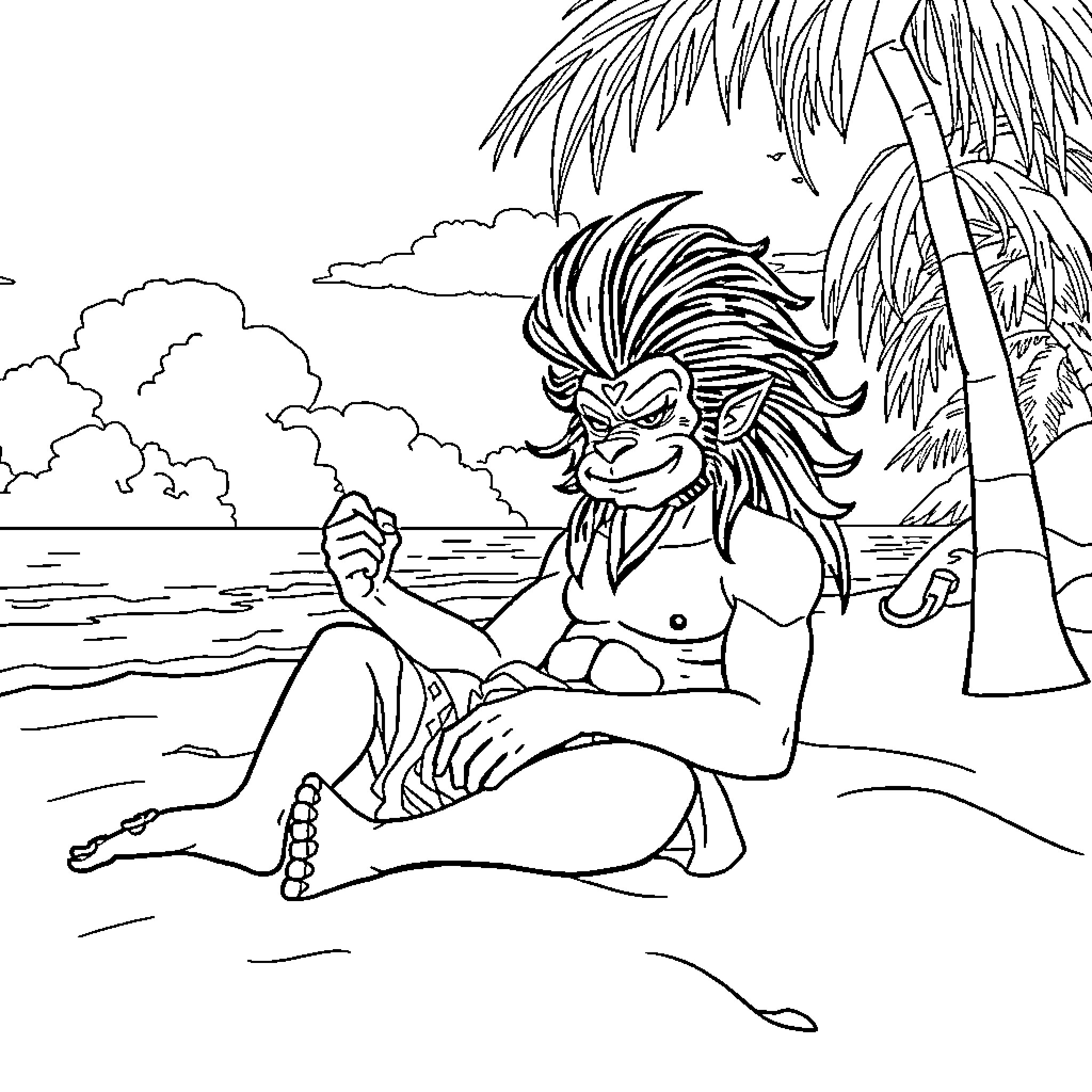 Wukong relaxing on the beach Coloring Page (free black-and-white line drawing printable PDF for all, from beginners to advanced learners, including children, teens, adults, and seniors)