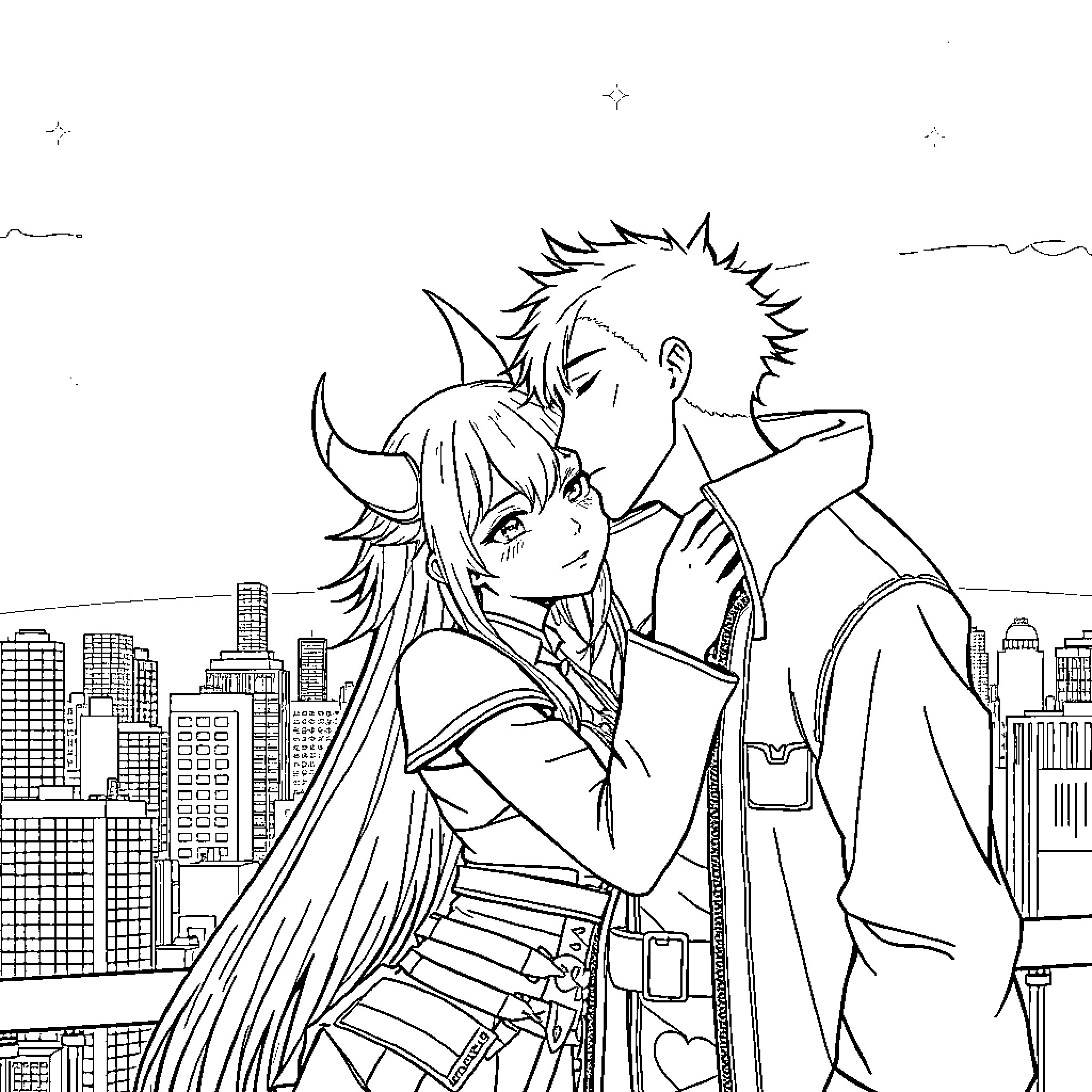 Jinu's Tender Embrace in the City Skyline Coloring Page (free black-and-white line drawing printable PDF for all, from beginners to advanced learners, including children, teens, adults, and seniors)