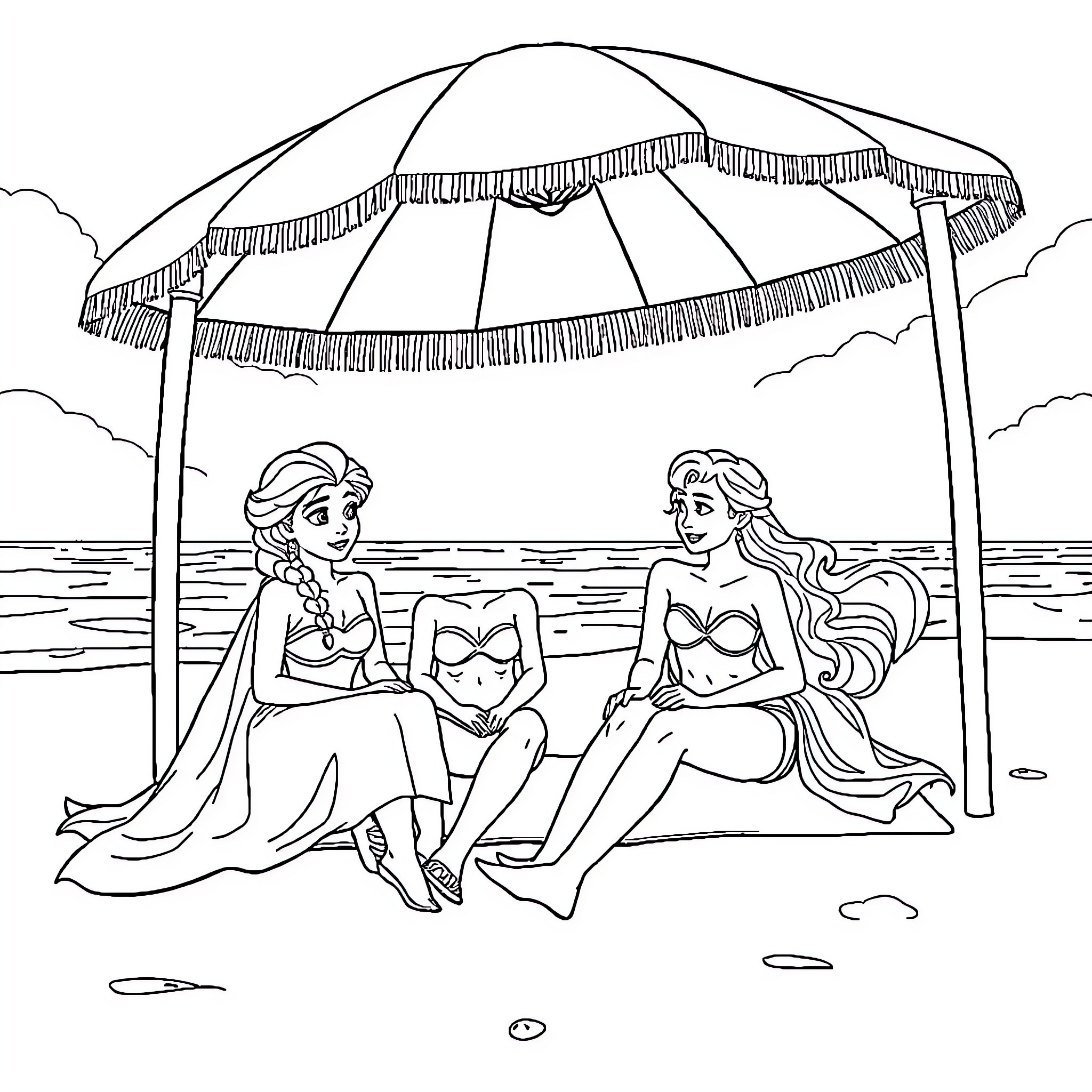 Princess Relaxing Under the Beach Umbrella Coloring Page (free black-and-white line drawing printable PDF for all, from beginners to advanced learners, including children, teens, adults, and seniors)