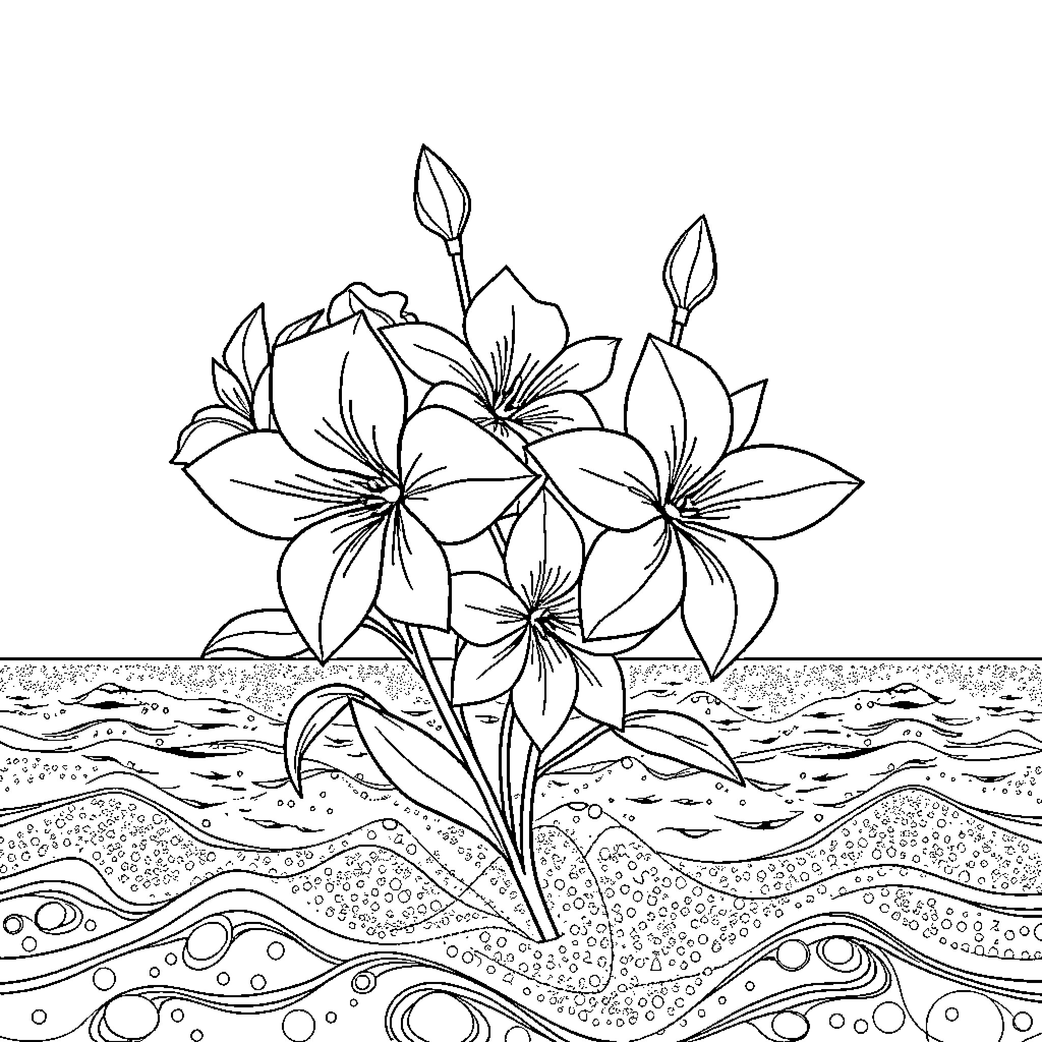 Flower blooming gracefully amidst the serene landscape Coloring Page (free black-and-white line drawing printable PDF for all, from beginners to advanced learners, including children, teens, adults, and seniors)