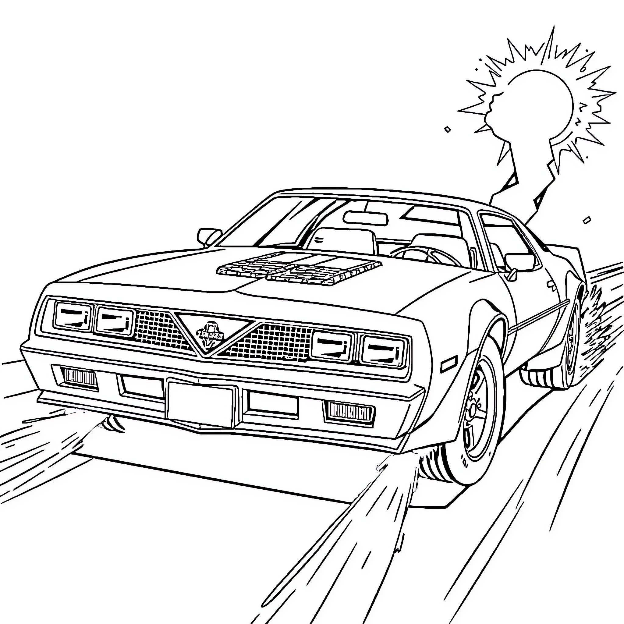 K.I.T.T. in high-speed pursuit on the road Coloring Page (free black-and-white line drawing printable PDF for all, from beginners to advanced learners, including children, teens, adults, and seniors)