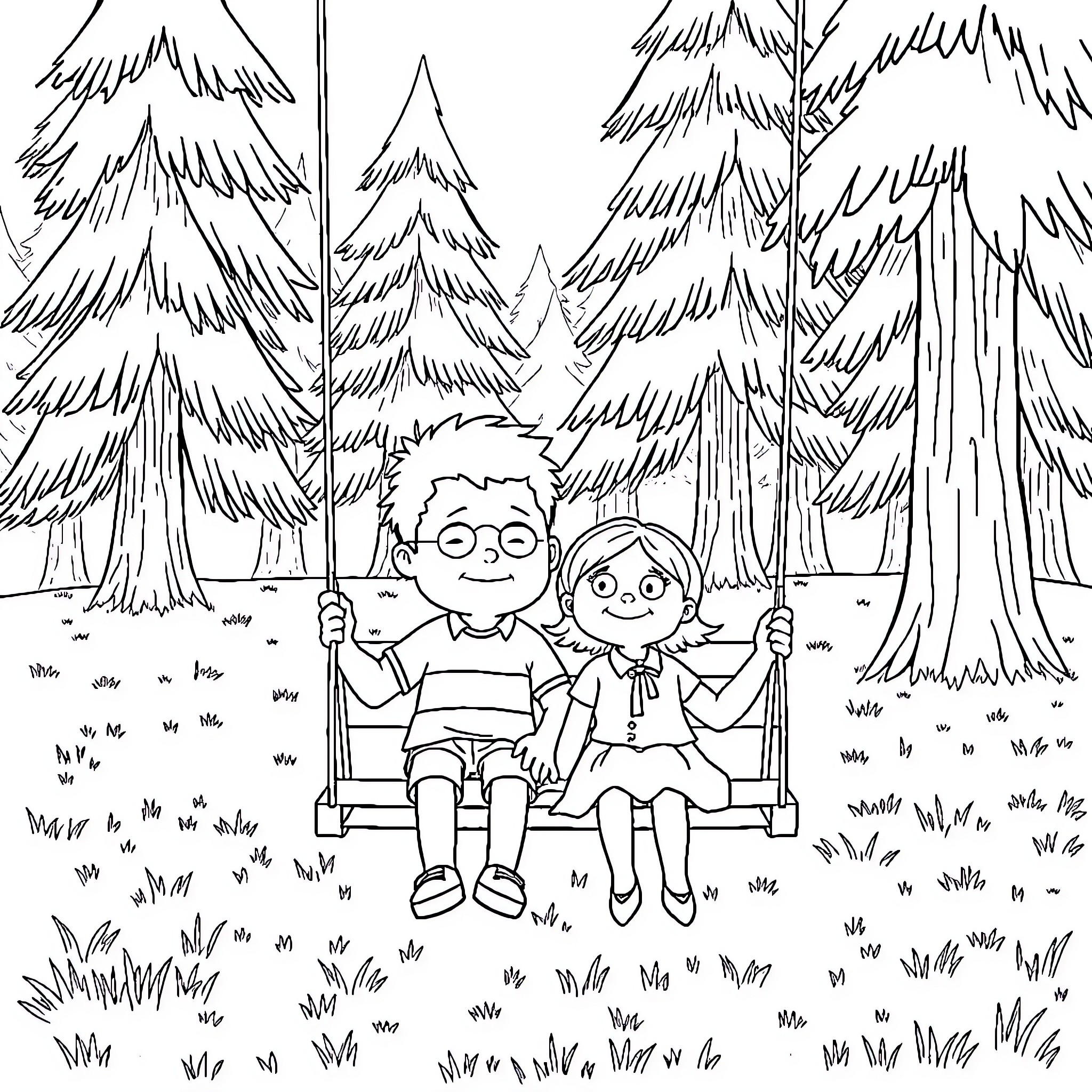 Carl and Ellie enjoy a peaceful day in the forest Coloring Page (free black-and-white line drawing printable PDF for all, from beginners to advanced learners, including children, teens, adults, and seniors)