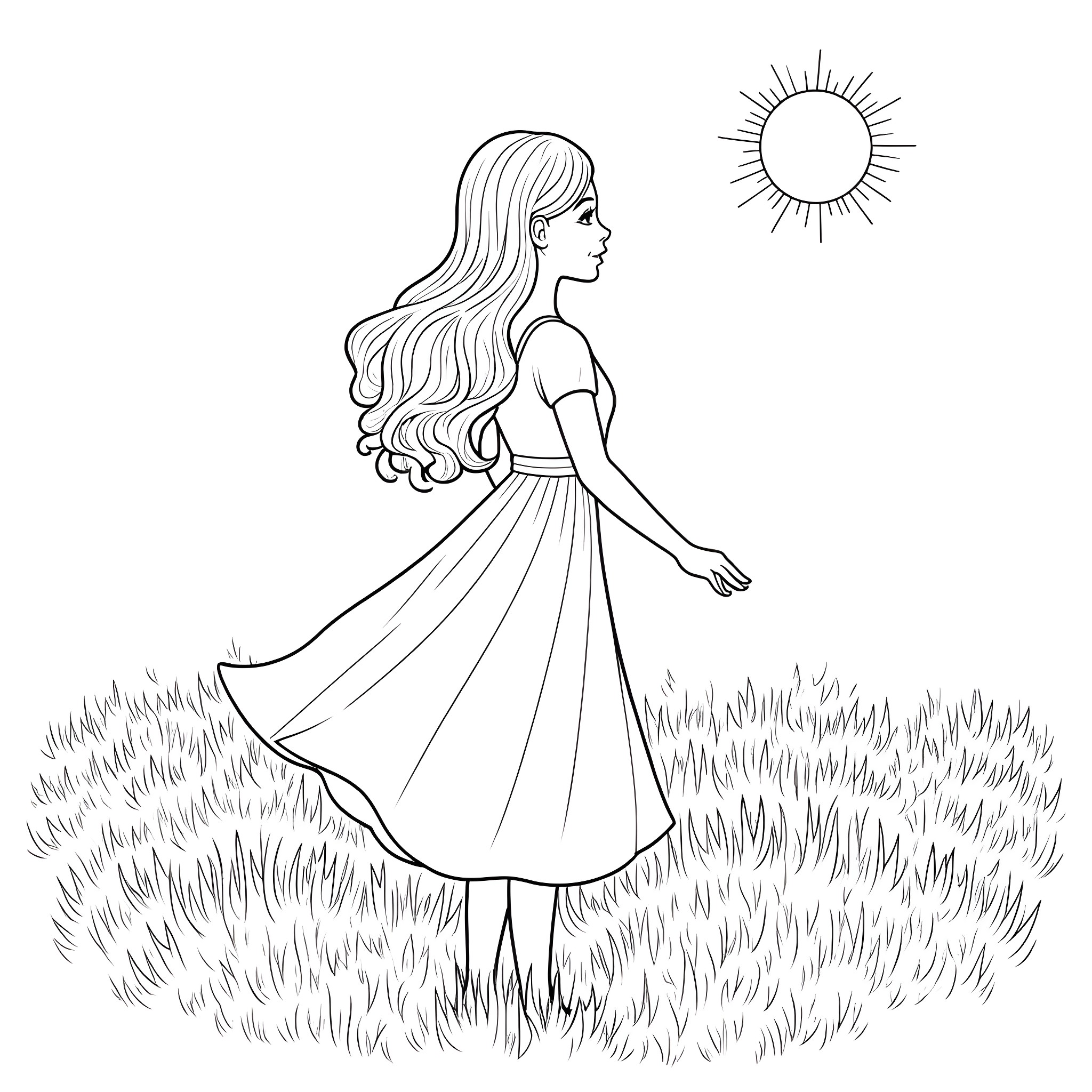 Maiden enjoying the sun in a grassy field Coloring Page (free black-and-white line drawing printable PDF for all, from beginners to advanced learners, including children, teens, adults, and seniors)