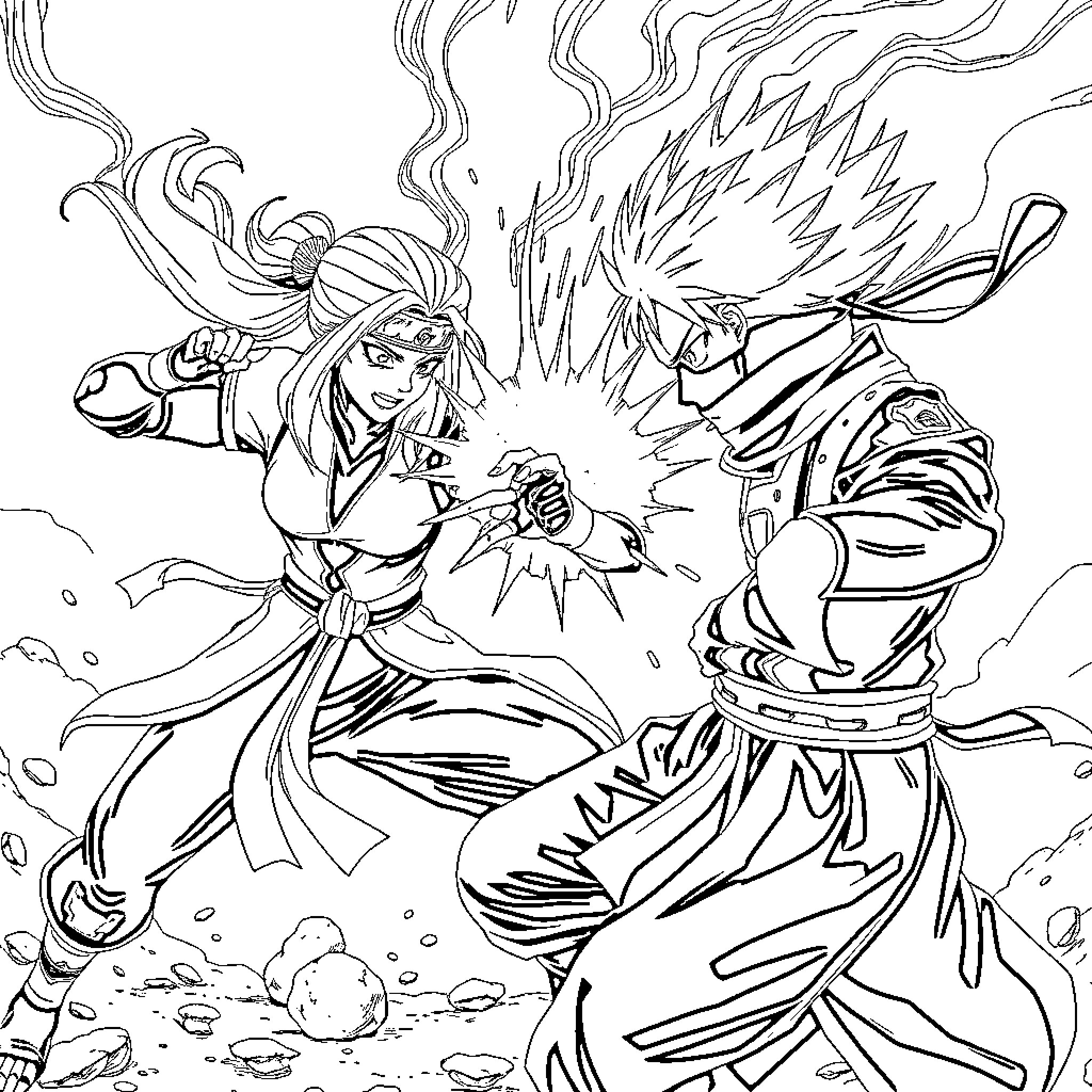 Tsunade's Intense Ninja Battle Coloring Page (free black-and-white line drawing printable PDF for all, from beginners to advanced learners, including children, teens, adults, and seniors)