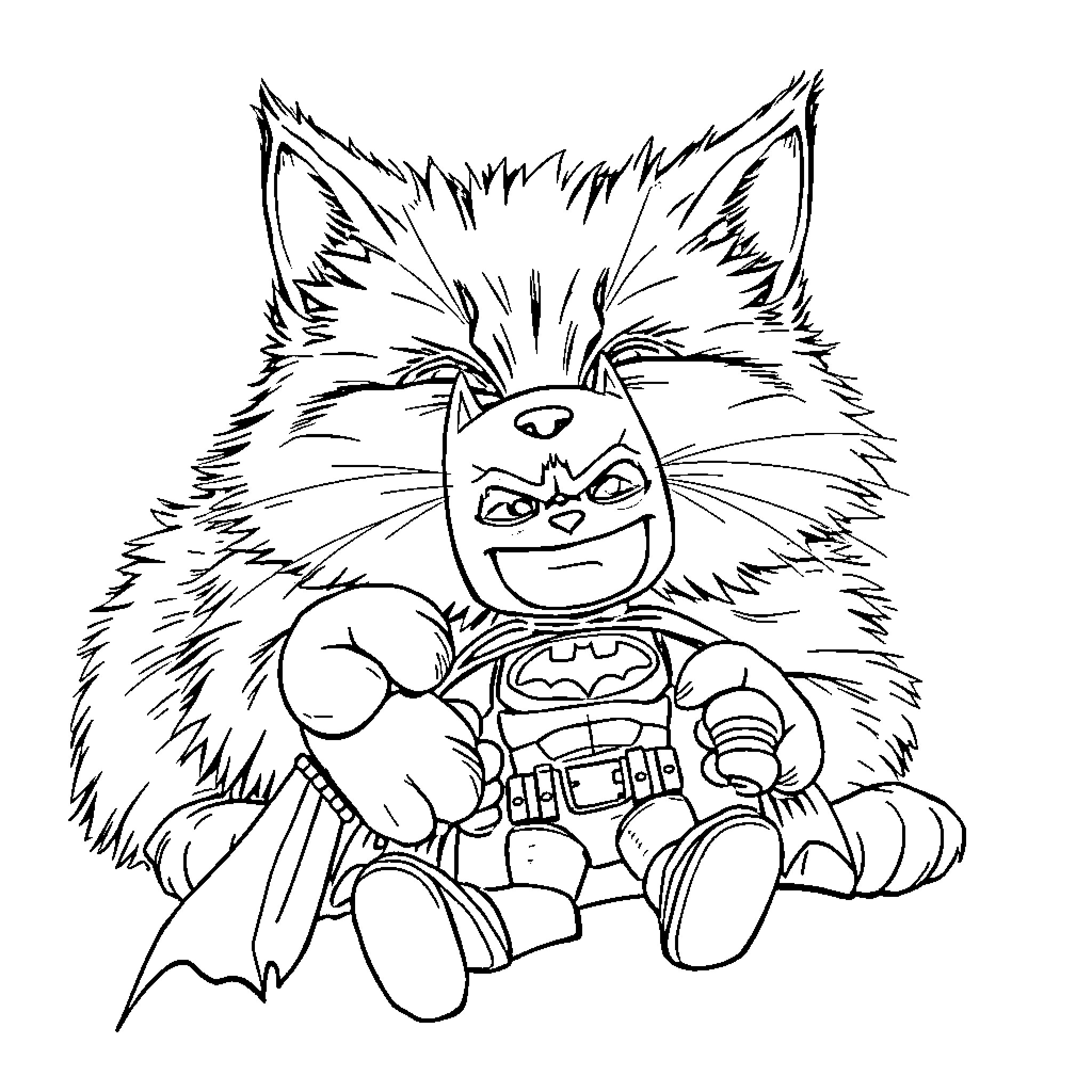 Cat superhero in costume Coloring Page (free black-and-white line drawing printable PDF for all, from beginners to advanced learners, including children, teens, adults, and seniors)