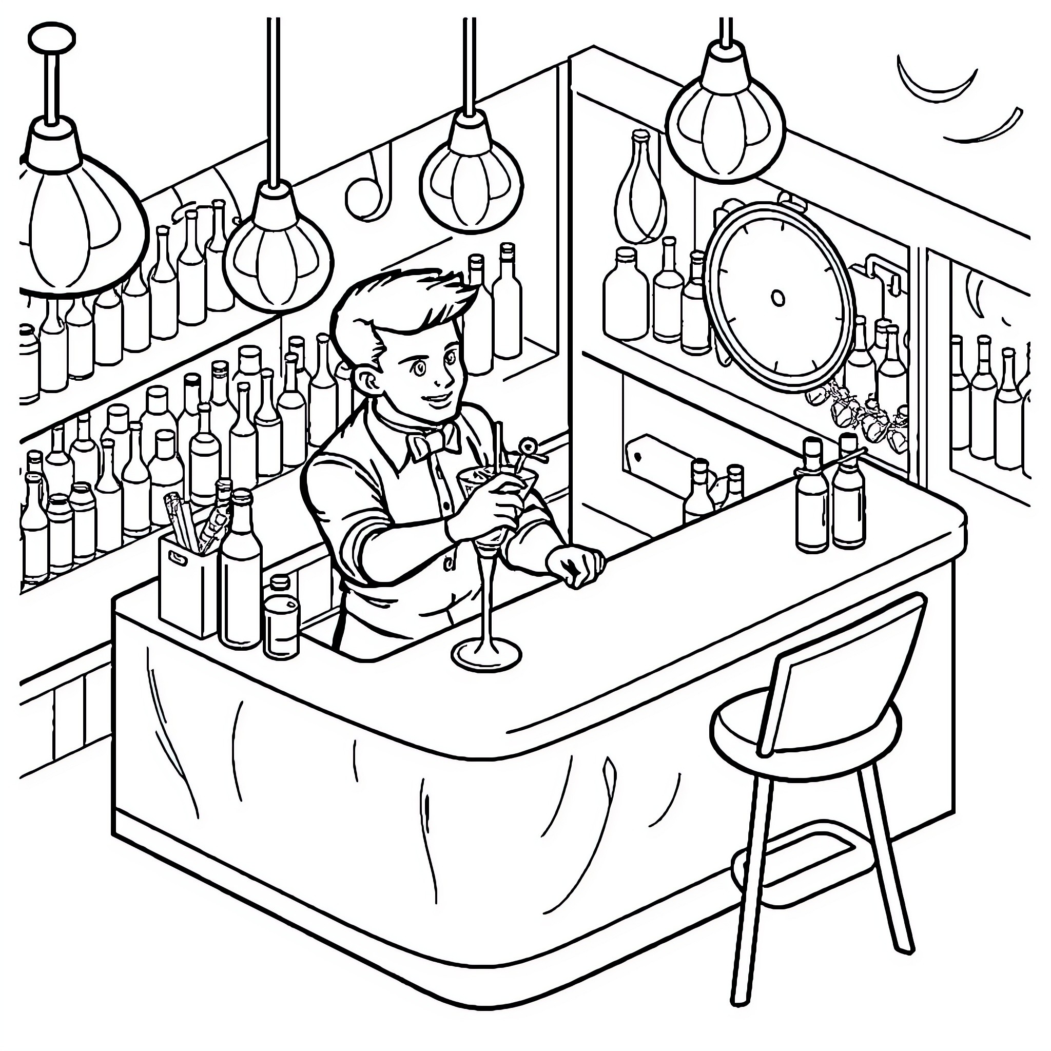 Bartender mixing drinks in a busy bar Coloring Page (free black-and-white line drawing printable PDF for all, from beginners to advanced learners, including children, teens, adults, and seniors)