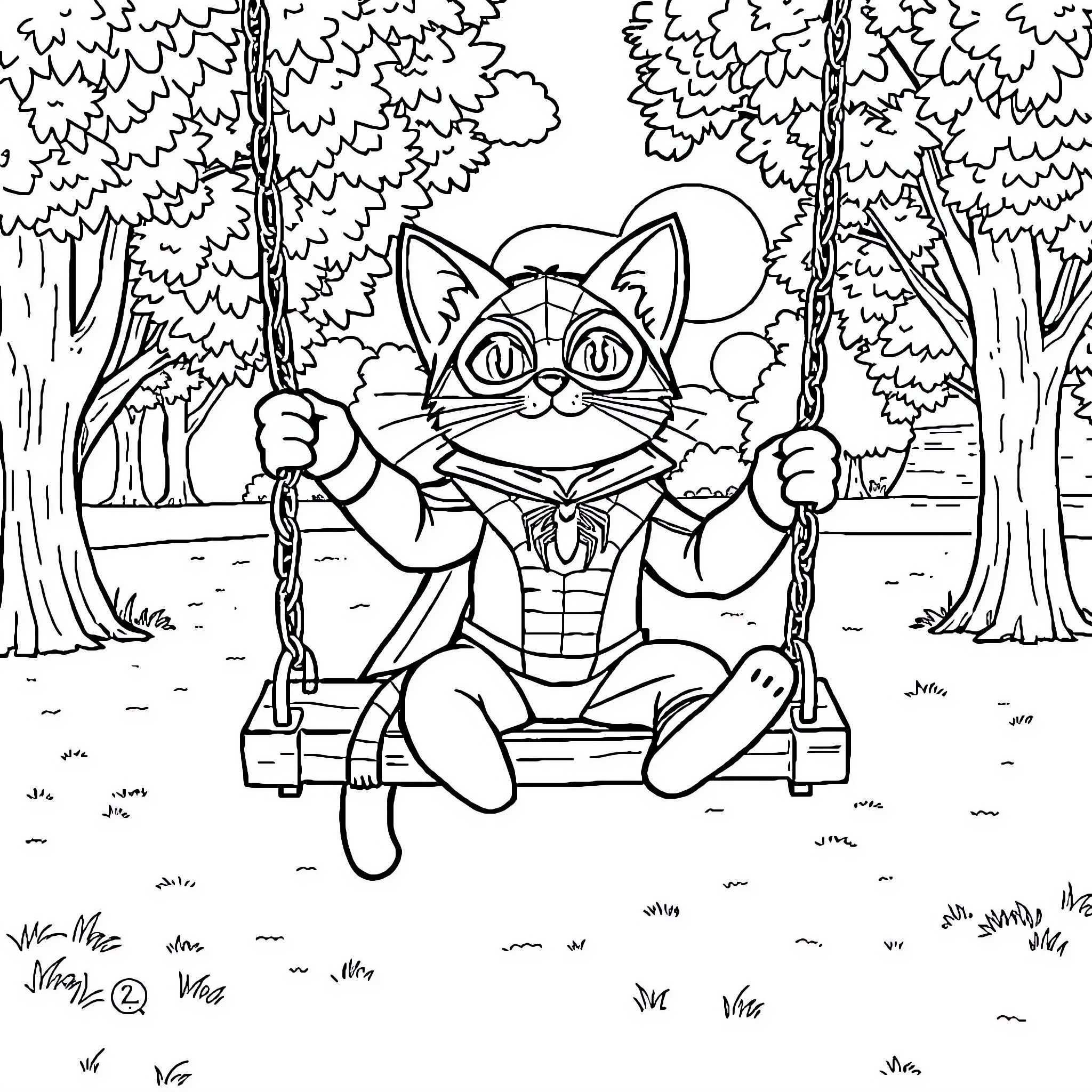 Cat enjoying a playful swing in the forest Coloring Page (free black-and-white line drawing printable PDF for all, from beginners to advanced learners, including children, teens, adults, and seniors)