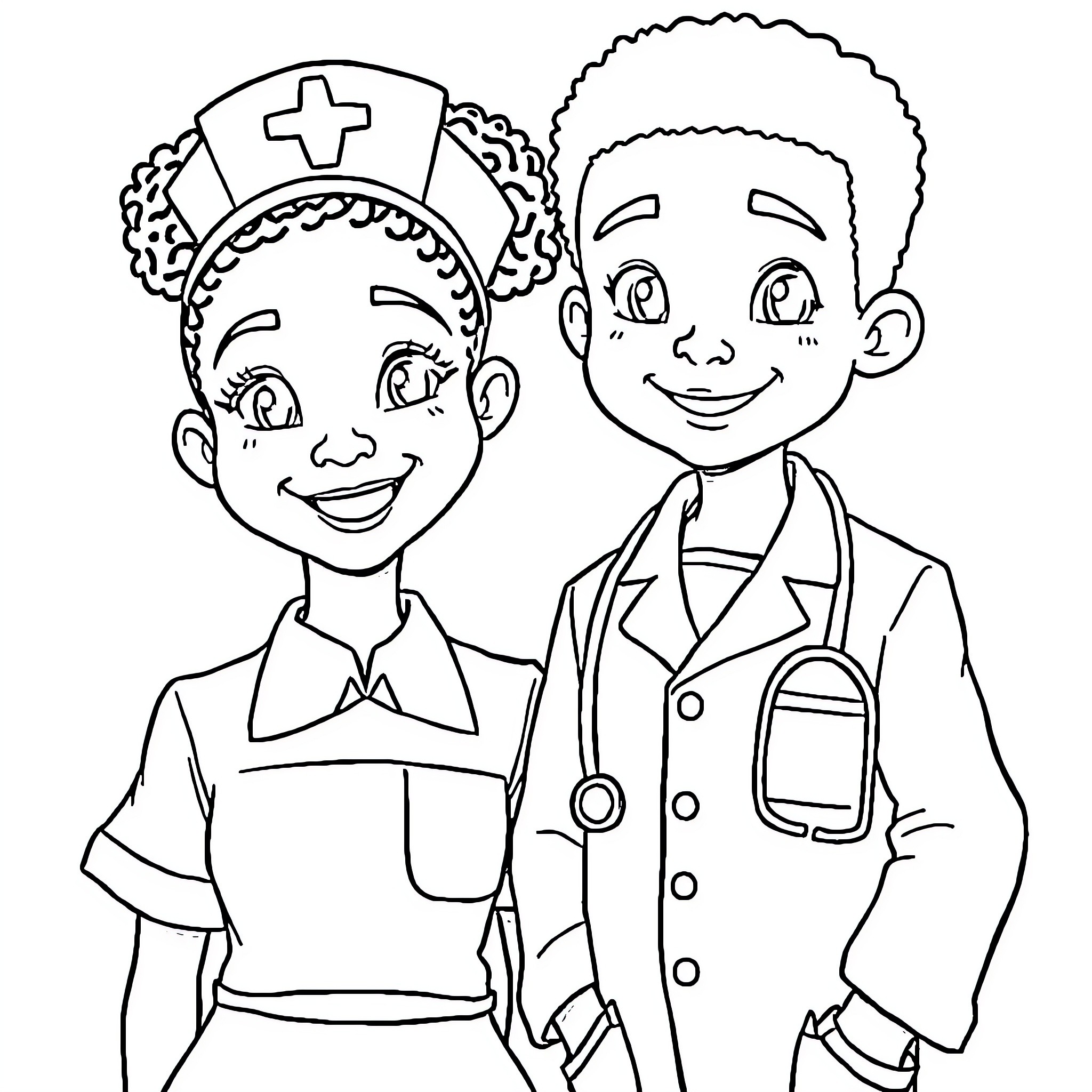Nurse and Doctor in Medical Uniforms Posing Together Coloring Page (free black-and-white line drawing printable PDF for all, from beginners to advanced learners, including children, teens, adults, and seniors)