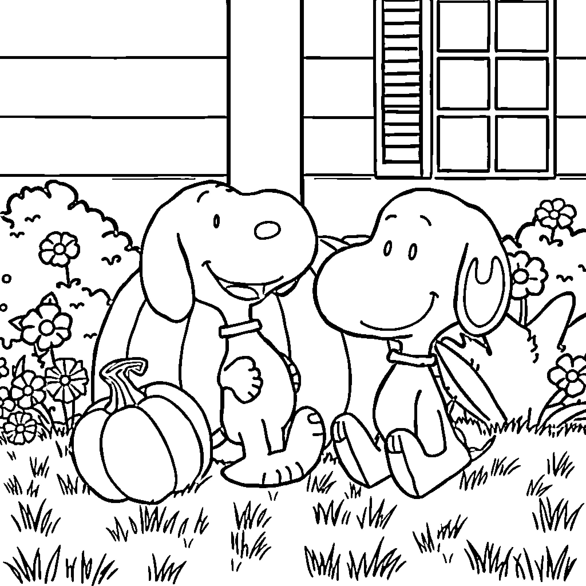 Snoopy and friends playing in the garden Coloring Page (free black-and-white line drawing printable PDF for all, from beginners to advanced learners, including children, teens, adults, and seniors)