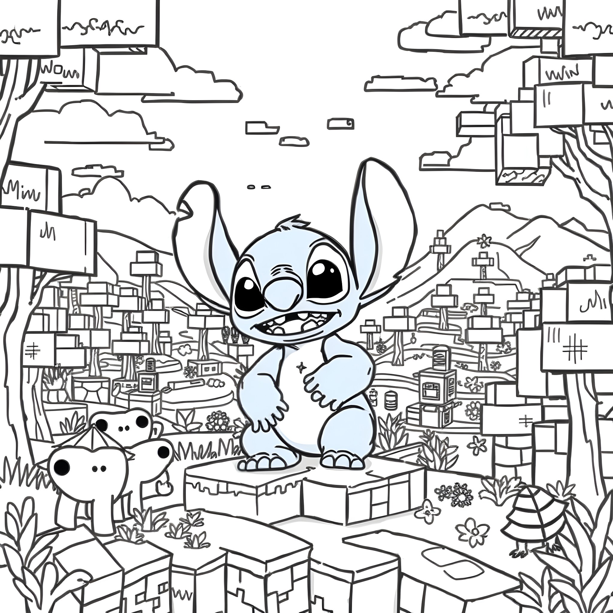 Stitch exploring the vibrant cityscape Coloring Page (free black-and-white line drawing printable PDF for all, from beginners to advanced learners, including children, teens, adults, and seniors)