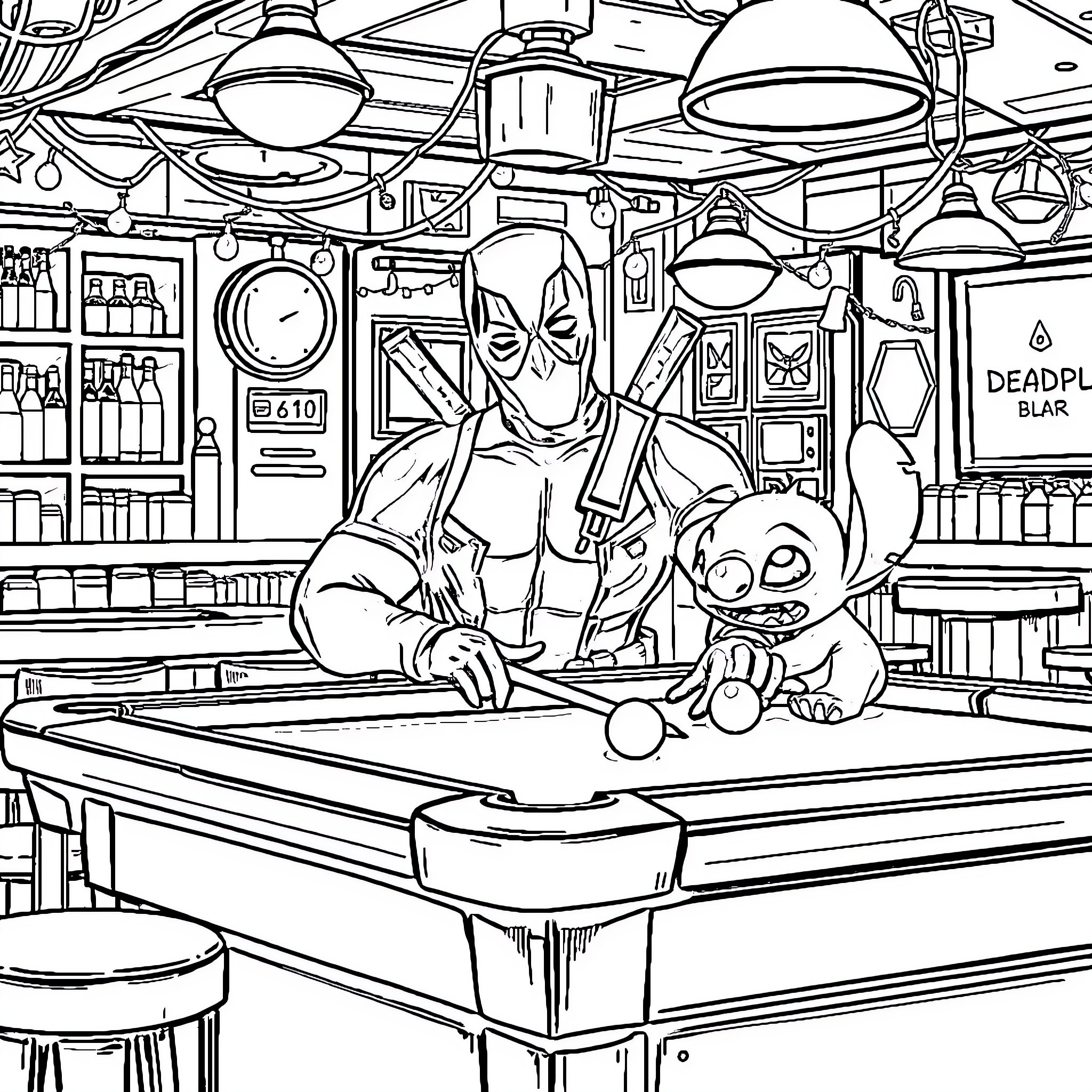 Deadpool Playing Pool with Stitch in Chaotic Bar Coloring Page (free black-and-white line drawing printable PDF for all, from beginners to advanced learners, including children, teens, adults, and seniors)