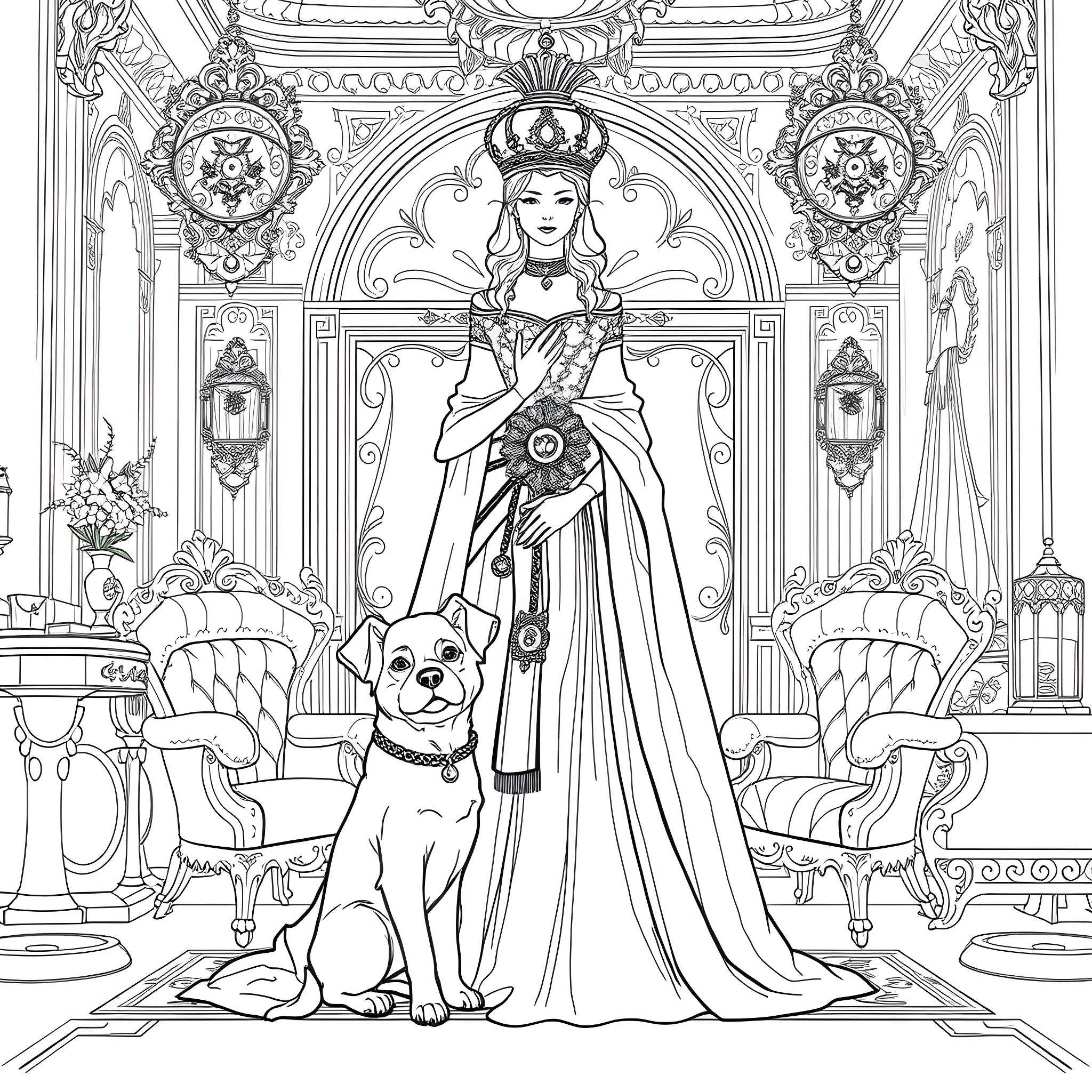 Queen in an Opulent Palace with a Pet Coloring Page (free black-and-white line drawing printable PDF for all, from beginners to advanced learners, including children, teens, adults, and seniors)